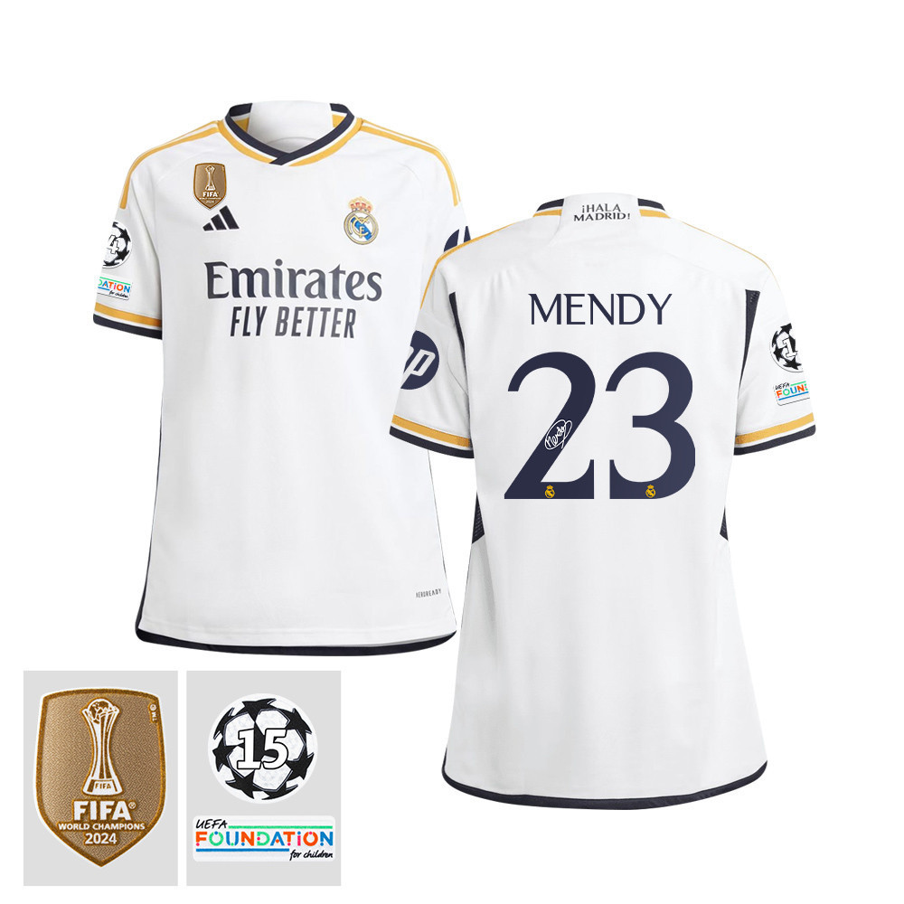 Ferland Mendy 23 Signed Starball 15 Times Champions Real Madrid 2023/24 UEFA Patch YOUTH Home Jersey Autographed