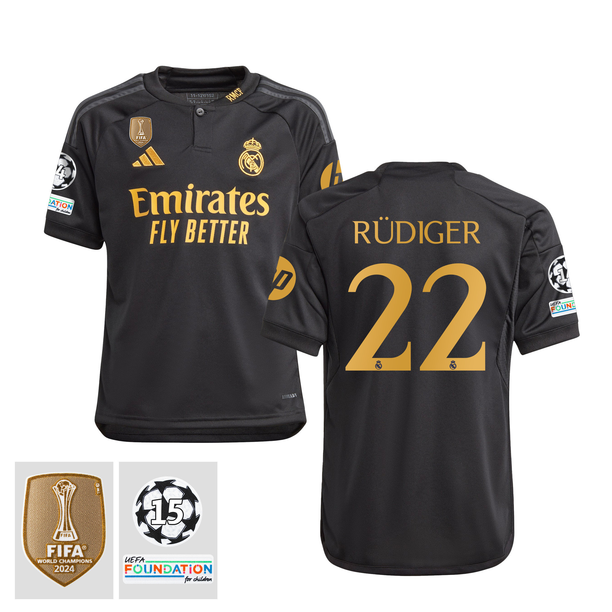 Antonio Rdiger 22 Signed Starball 15 Times Champions Real Madrid 2023/24 UEFA Patch YOUTH Third Jersey Autographed