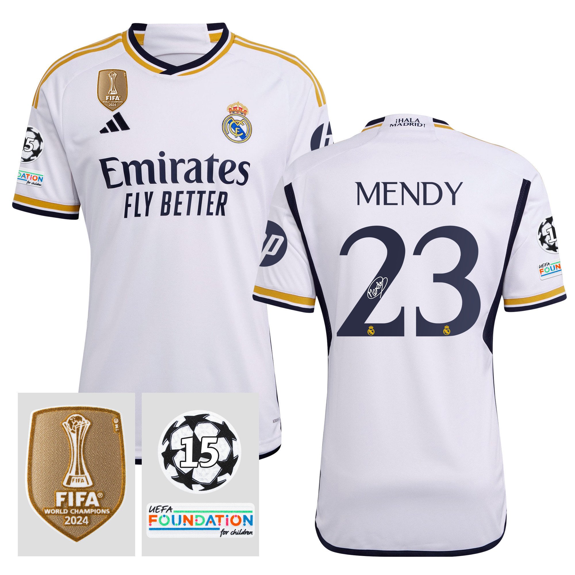 Ferland Mendy 23 Signed Starball 15 Times Champions Real Madrid 2023/24 UEFA Patch Home Jersey Autographed – Men White