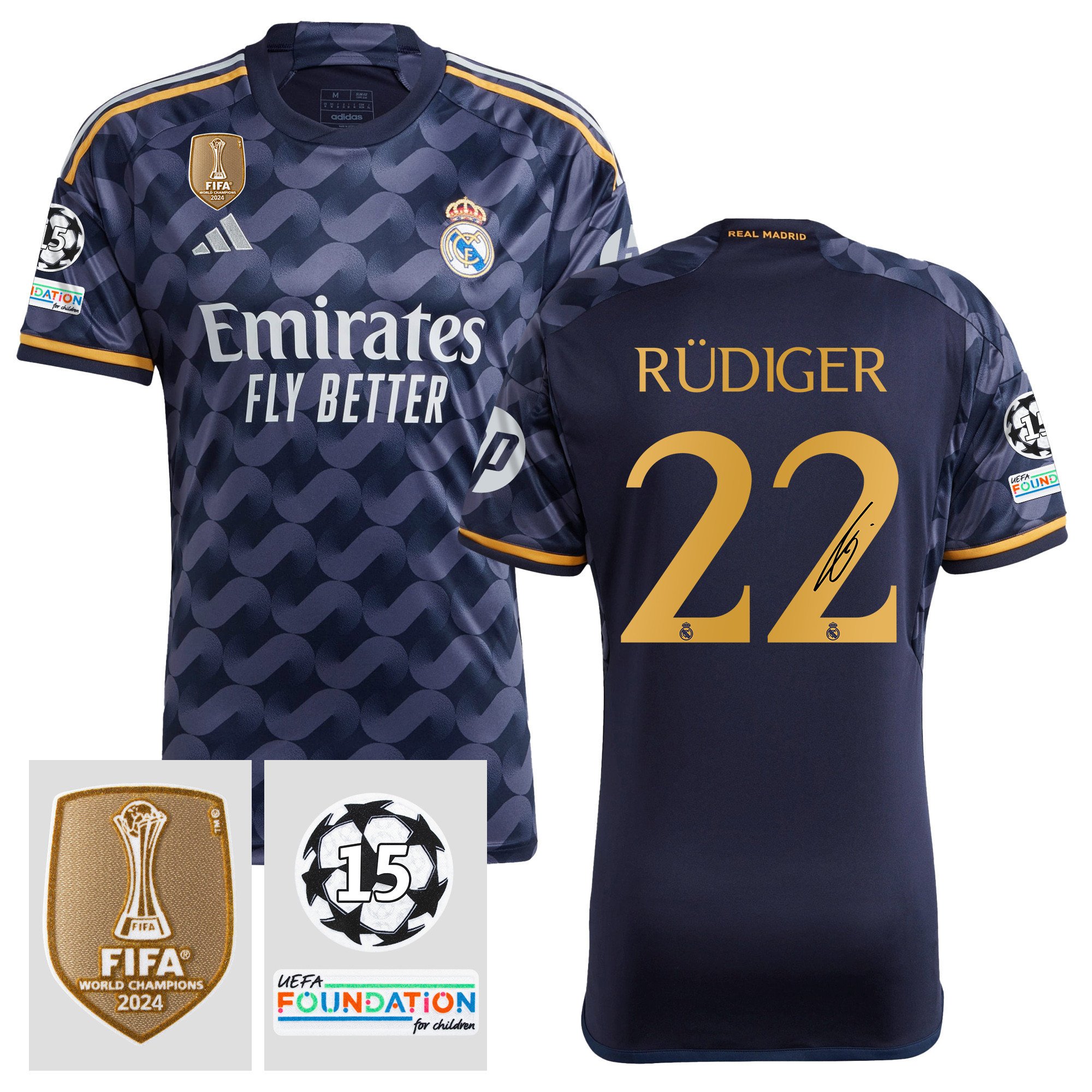 Antonio Rdiger 22 Signed Starball 15 Times Champions Real Madrid 2023/24 UEFA Patch Away Jersey Autographed – Men