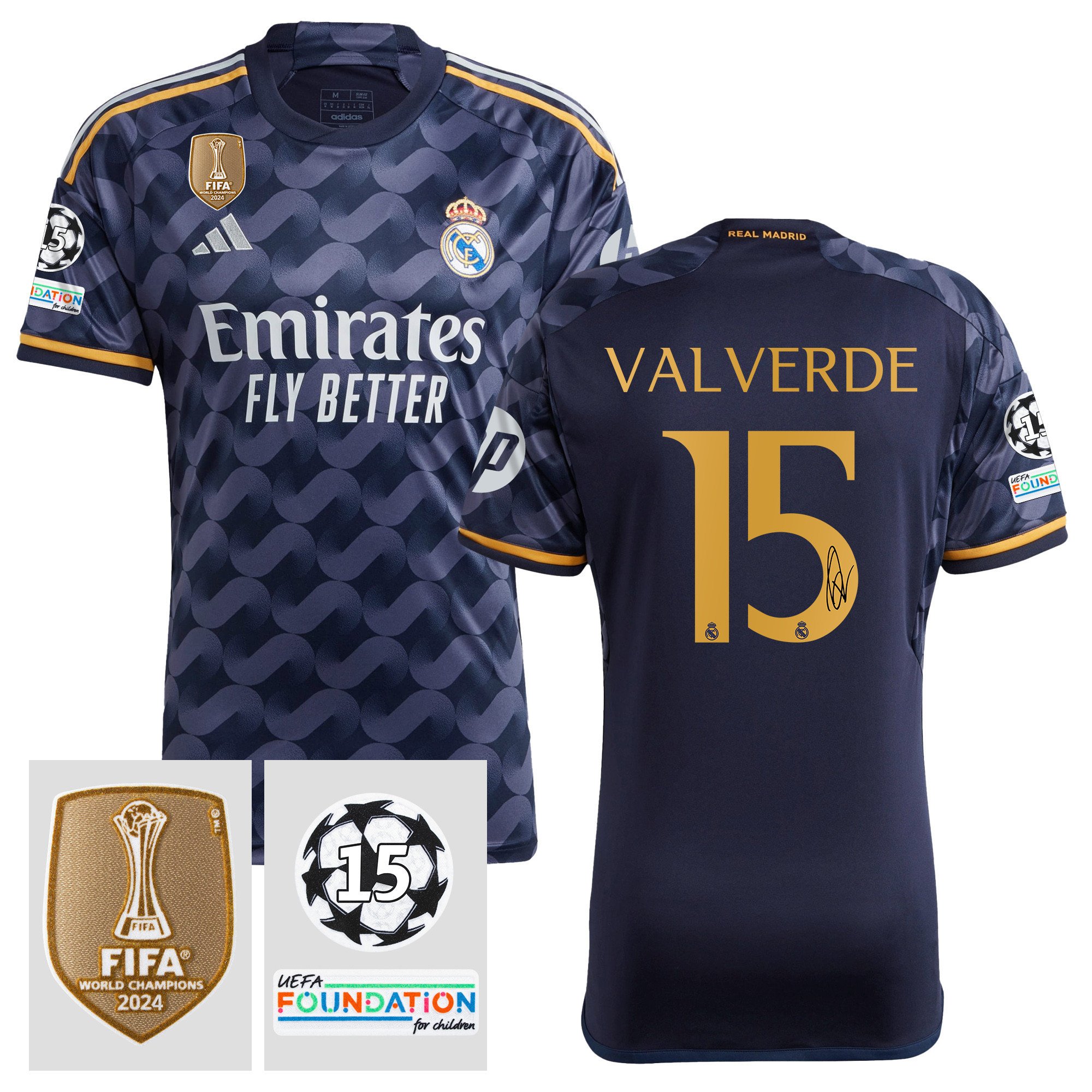 Federico Valverde 15 Signed Starball 15 Times Champions Real Madrid 2023/24 UEFA Patch Away Jersey Autographed – Men