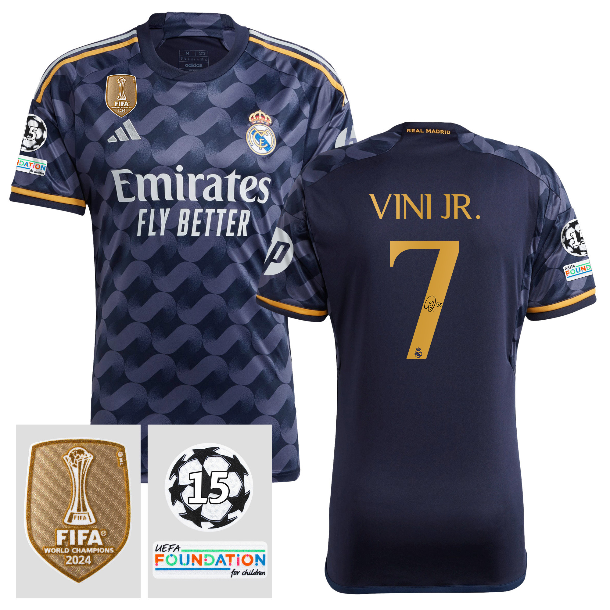 Vinicius Junior 7 Signed Starball 15 Times Champions Real Madrid 2023/24 UEFA Patch Away Jersey Autographed – Men