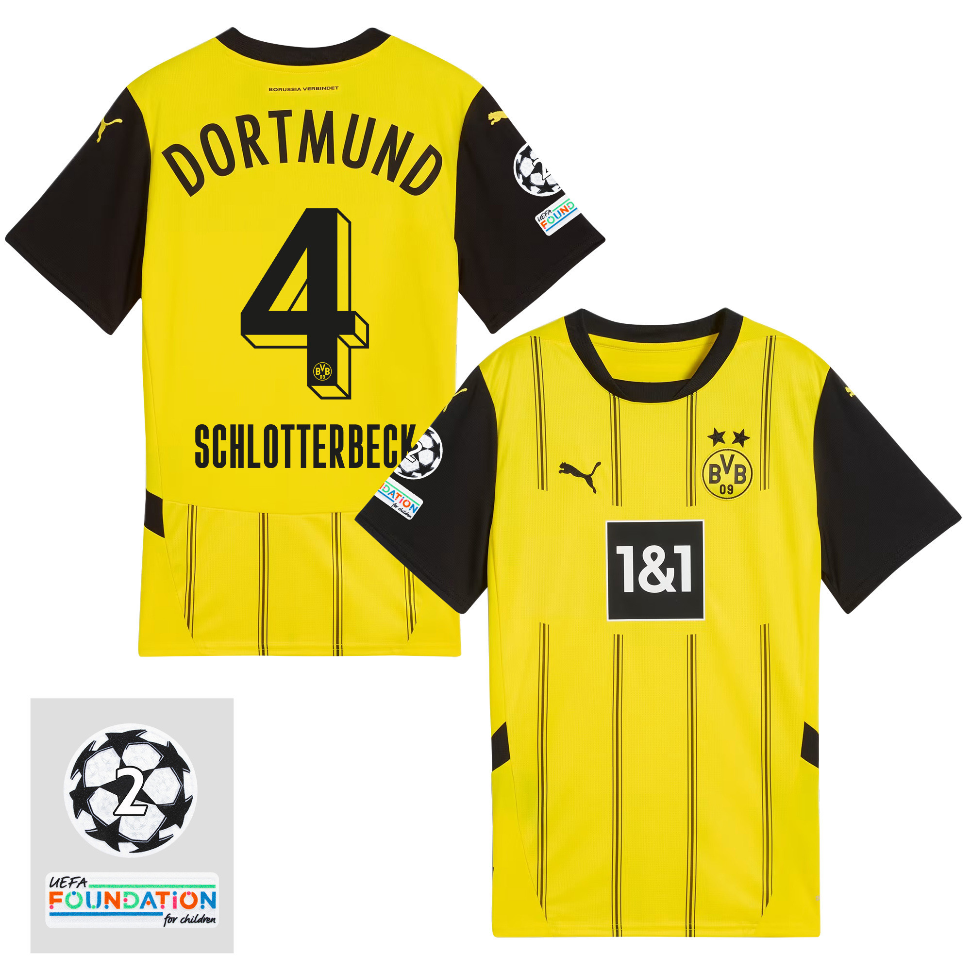 Nico Schlotterbeck 4 Starball 2 Times Champions Borussia Dortmund 2024/25 UEFA Patch Home Jersey – Men