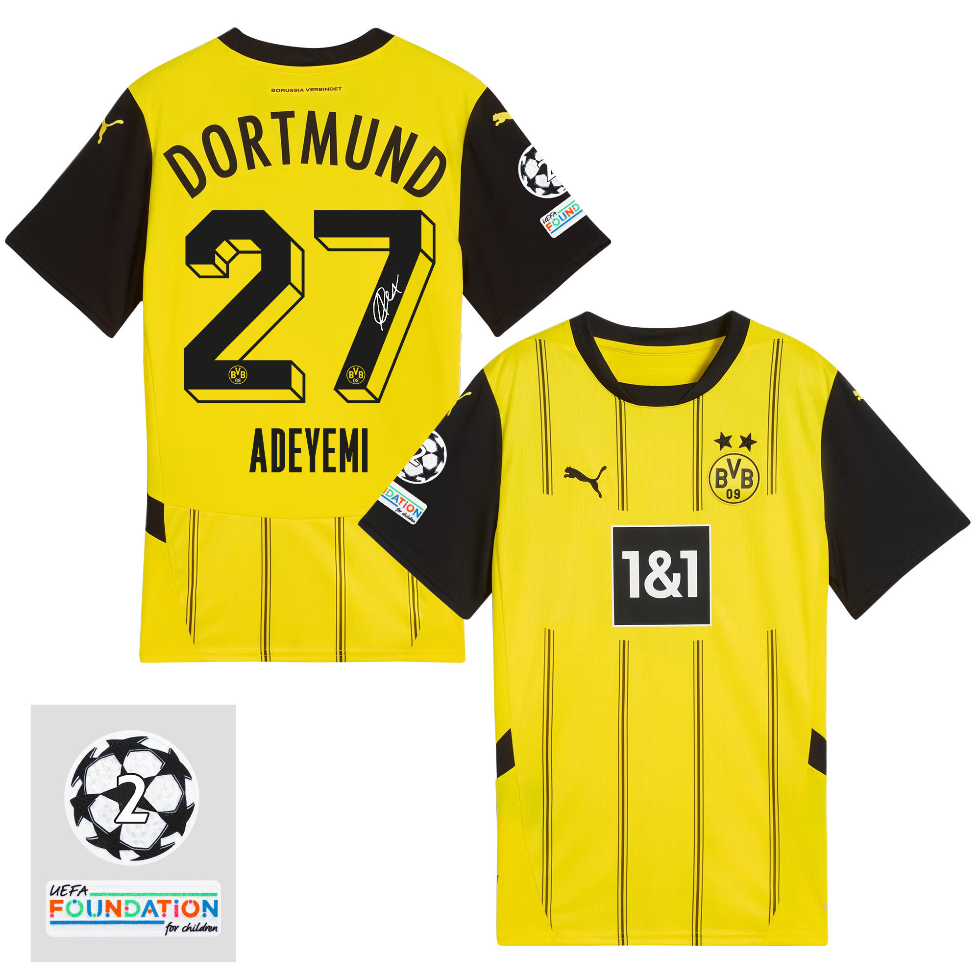 Karim Adeyemi 27 Signed Starball 2 Times Champions Borussia Dortmund 2024/25 UEFA Patch Home Jersey – Men