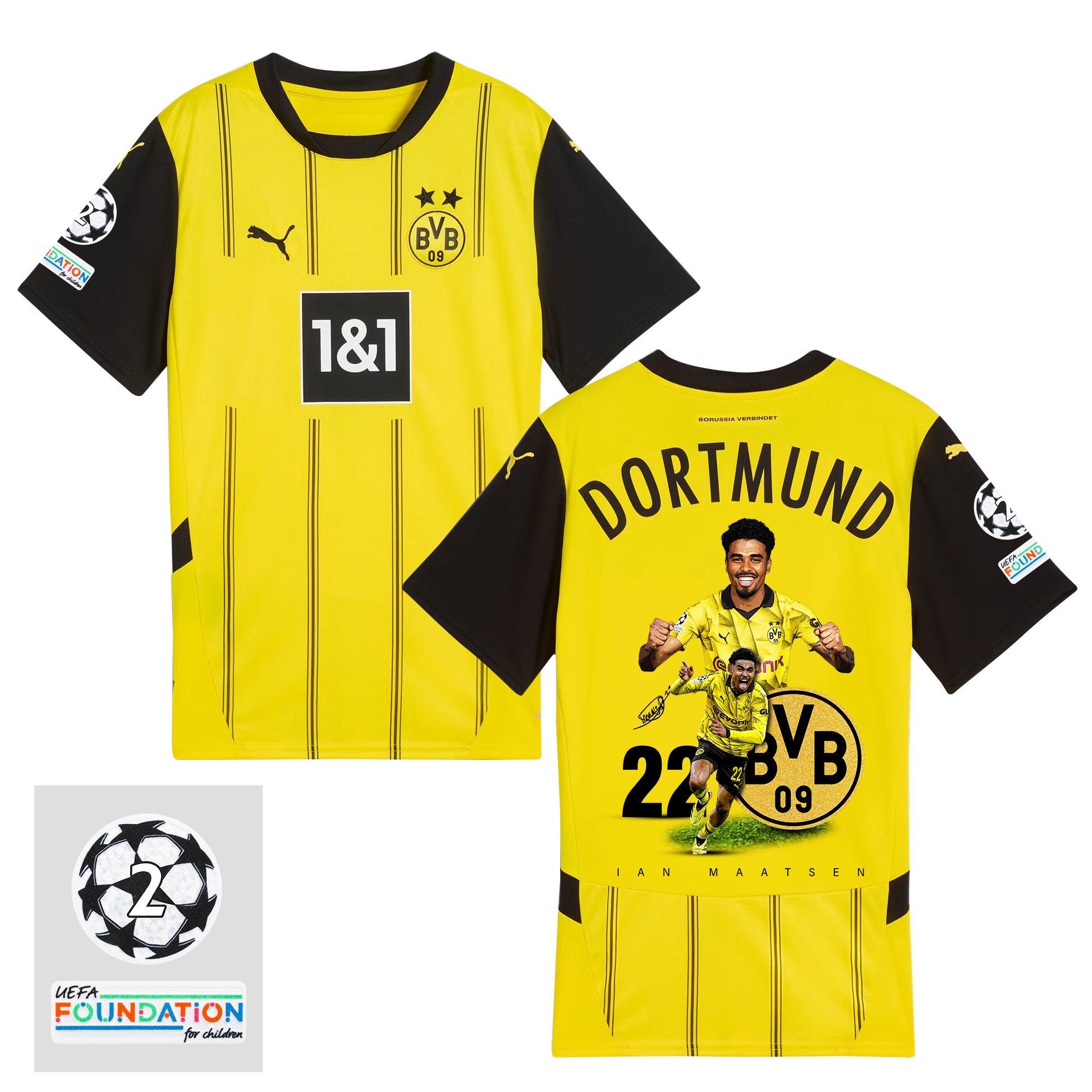 Ian Maatsen 22 Borussia Dortmund 2024/25 UEFA 2 Times Champions Patch Home Jersey – Celebrate Moment