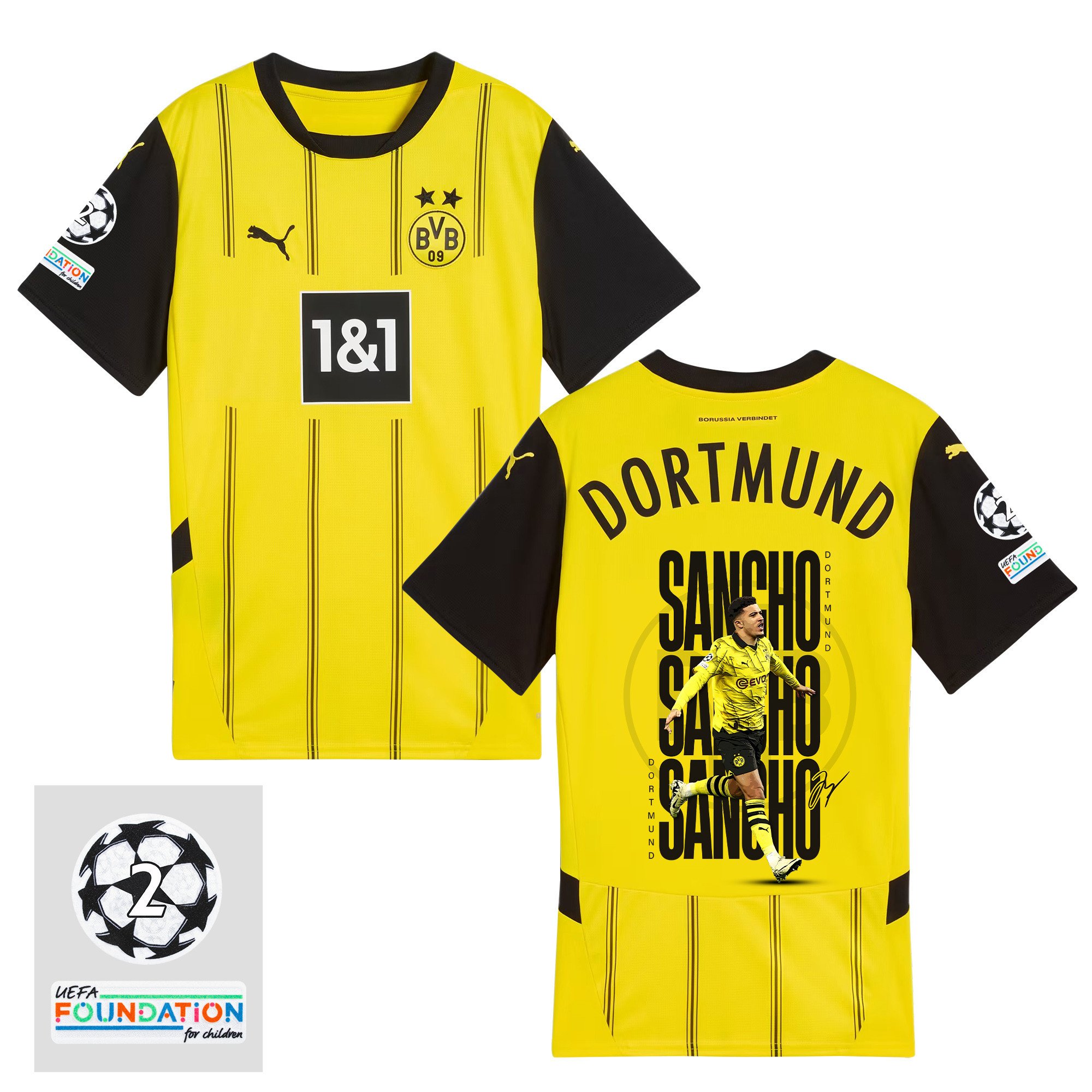 Jadon Sancho 10 Borussia Dortmund 2024/25 UEFA 2 Times Champions Patch Home Jersey – Graphic Idea V1