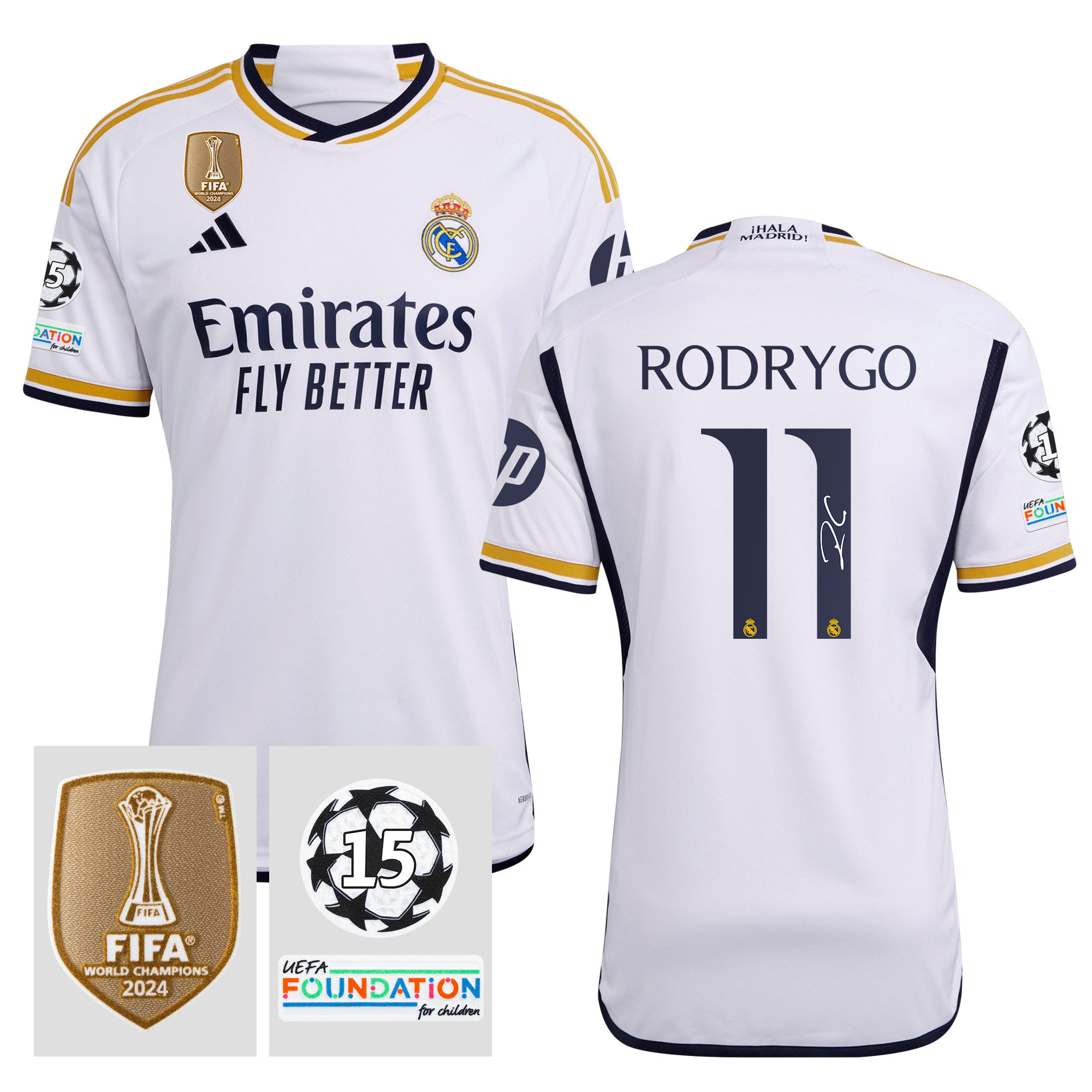 Rodrygo 11 Signed Starball 15 Times Champions Real Madrid 2023/24 UEFA Patch Home Jersey Autographed – Men White