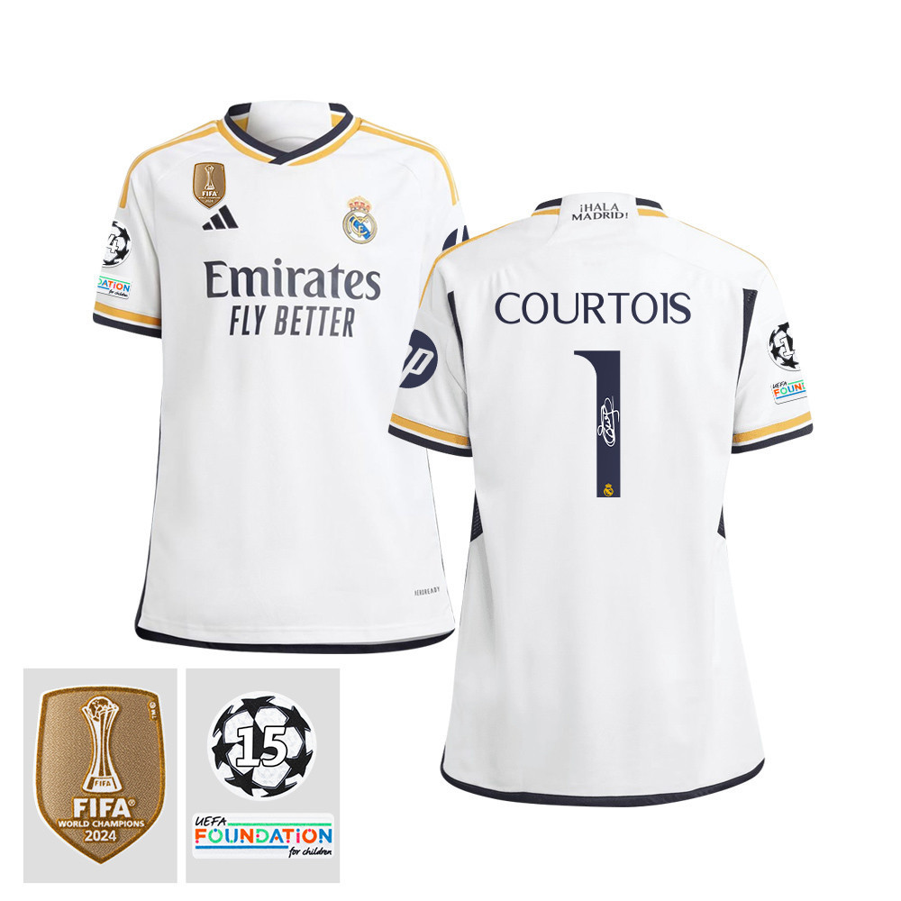 Thibaut Courtois 1 Signed Starball 15 Times Champions Real Madrid 2023/24 UEFA Patch YOUTH Home Jersey Autographed