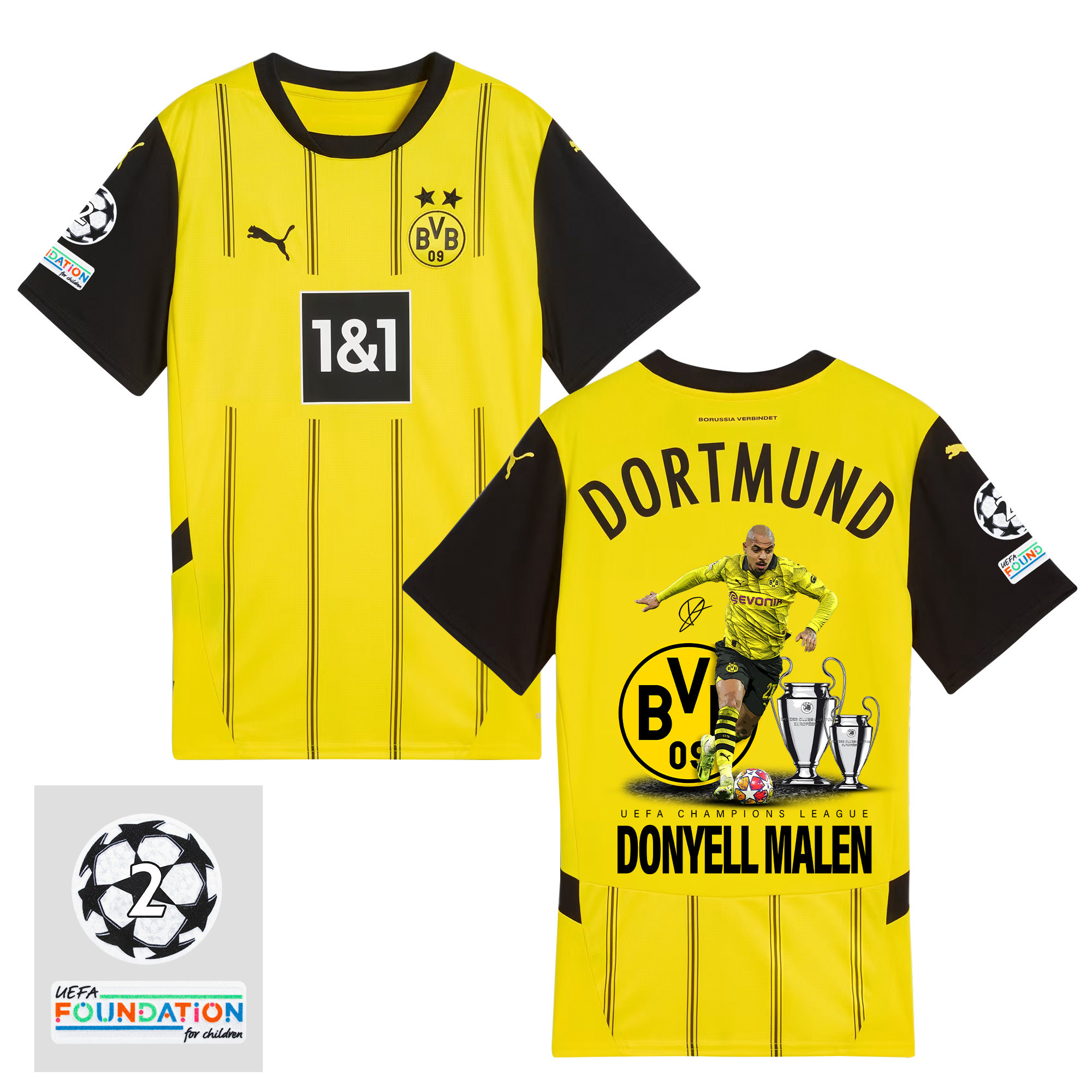 Donyell Malen 21 Borussia Dortmund 2024/25 UEFA 2 Times Champions Patch Home Jersey – Men