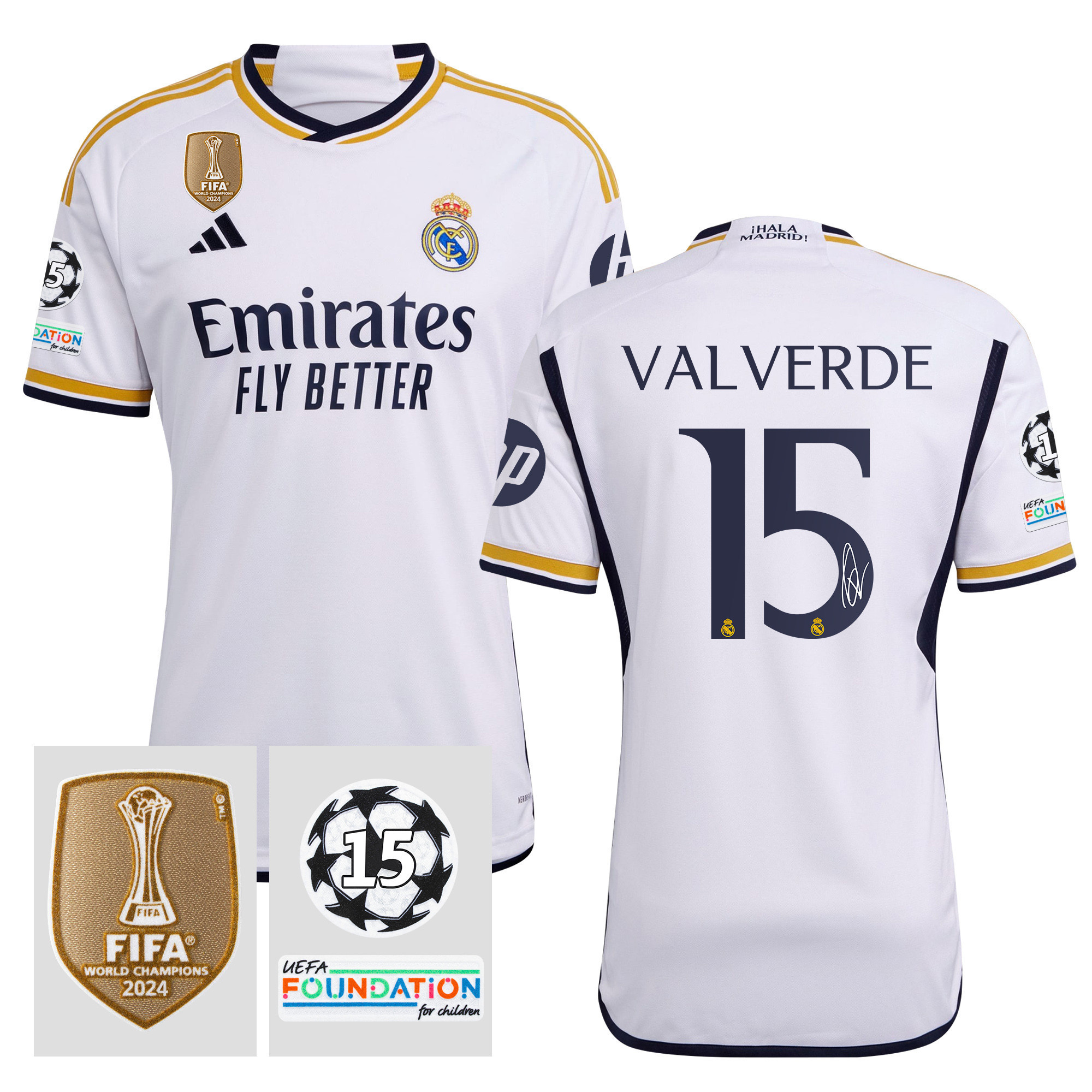 Federico Valverde 15 Signed Starball 15 Times Champions Real Madrid 2023/24 UEFA Patch Home Jersey Autographed – Men White