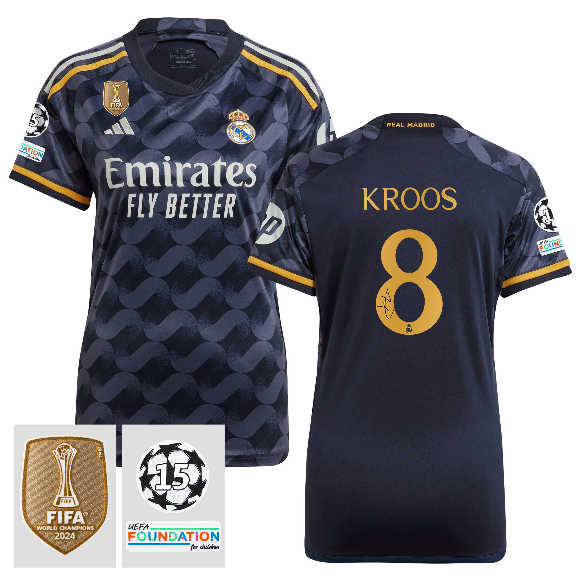 Toni Kroos 8 Signed Starball 15 Times Champions Real Madrid 2023/24 UEFA Patch Women's Away Jersey Autographed