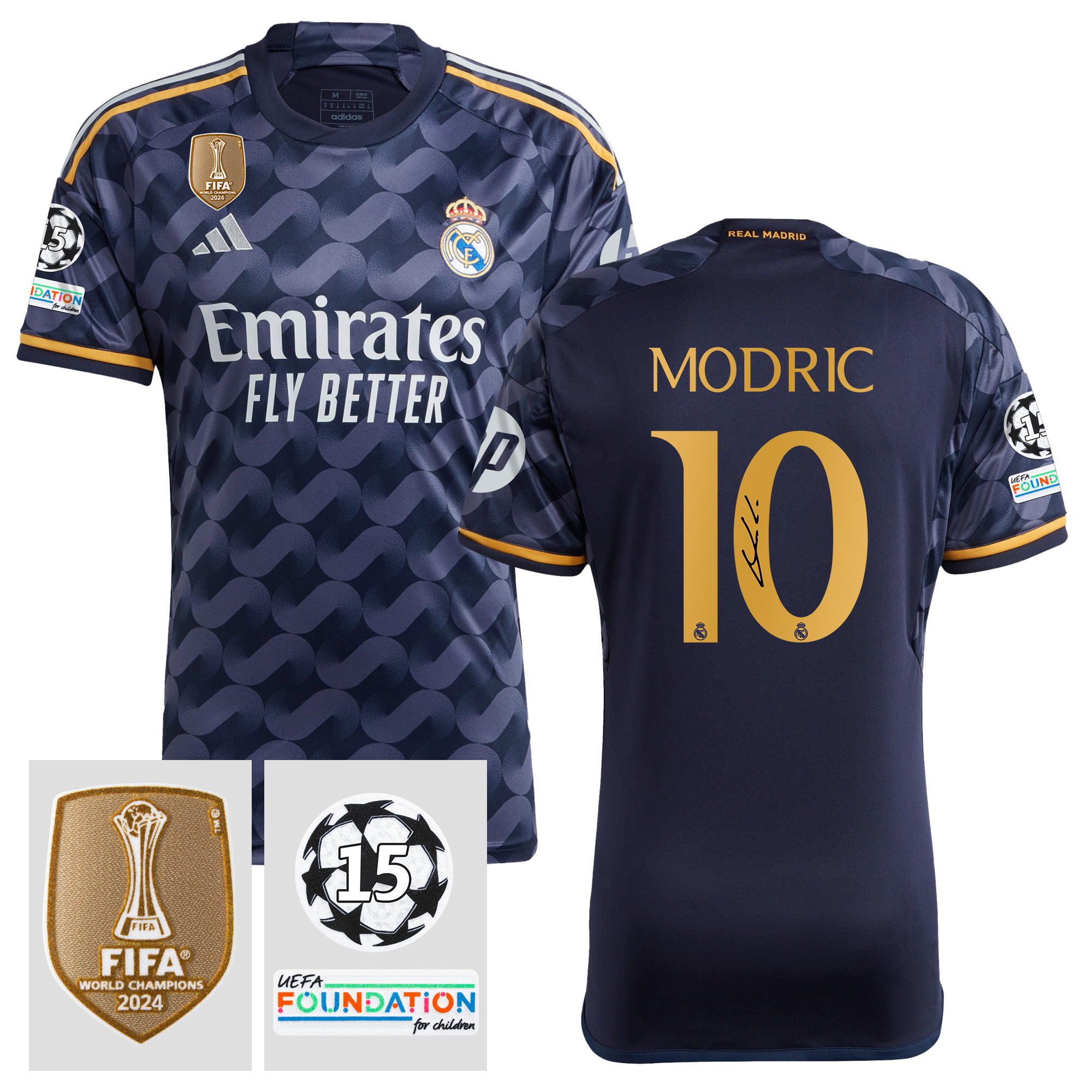 Luka Modric 10 Signed Starball 15 Times Champions Real Madrid 2023/24 UEFA Patch Away Jersey Autographed – Men