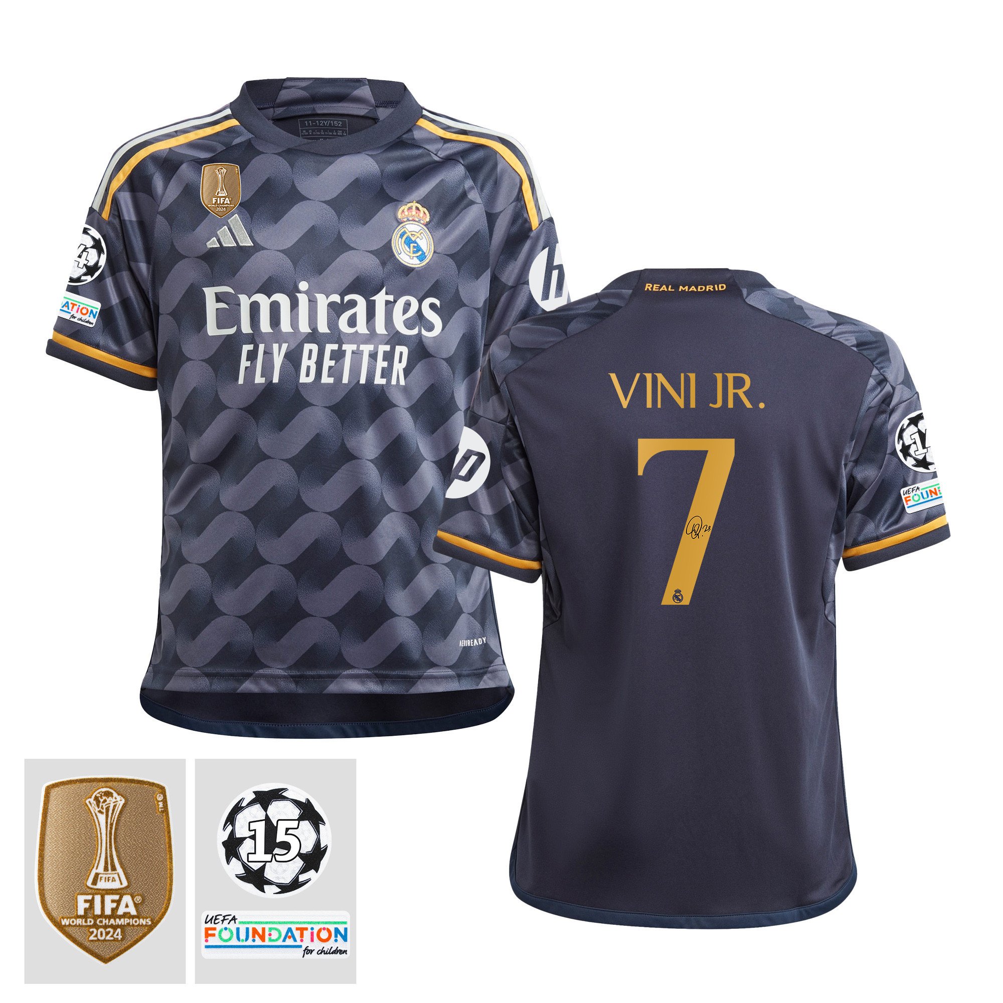 Vinicius Junior 7 Signed Starball 15 Times Champions Real Madrid 2023/24 UEFA Patch YOUTH Away Jersey Autographed