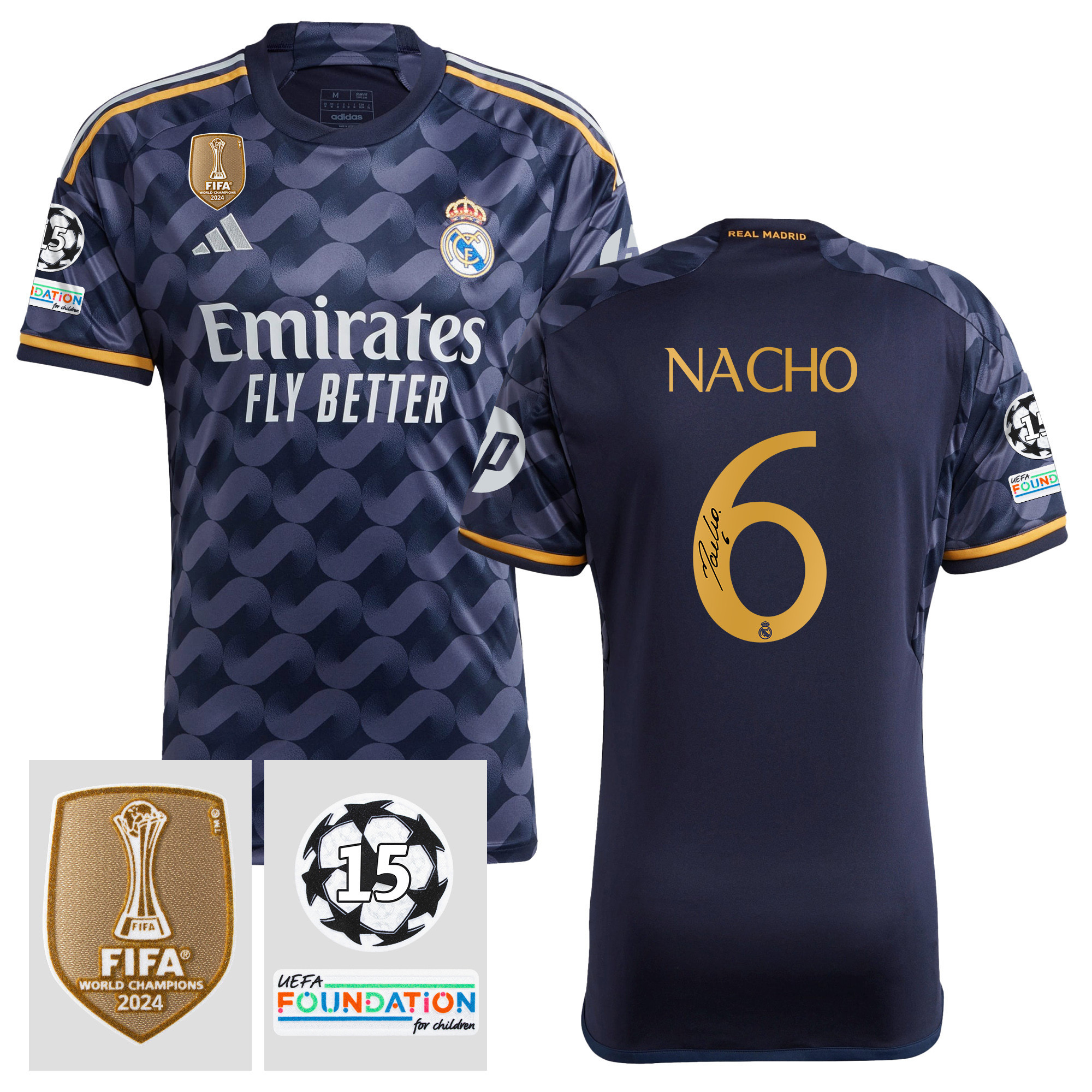 Nacho 6 Signed Starball 15 Times Champions Real Madrid 2023/24 UEFA Patch Away Jersey Autographed – Men