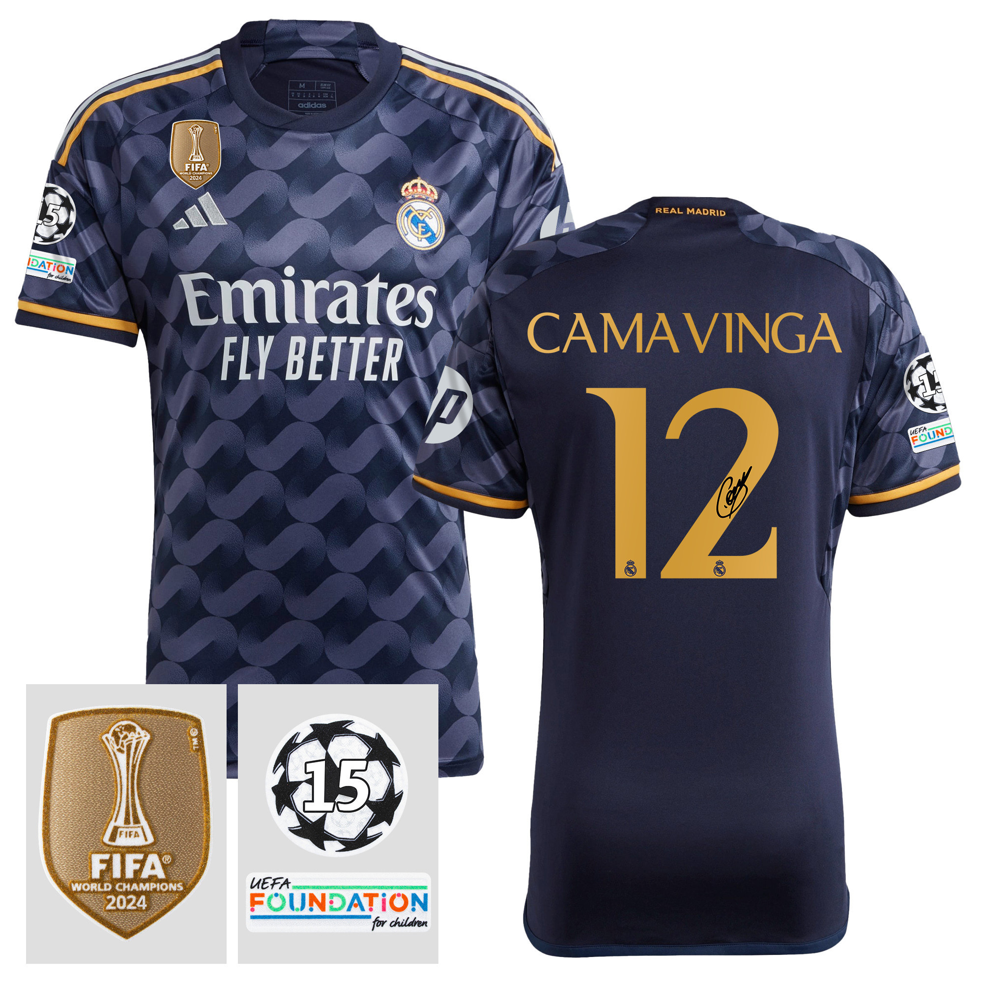 Eduardo Camavinga 12 Signed Starball 15 Times Champions Real Madrid 2023/24 UEFA Patch Away Jersey Autographed – Men
