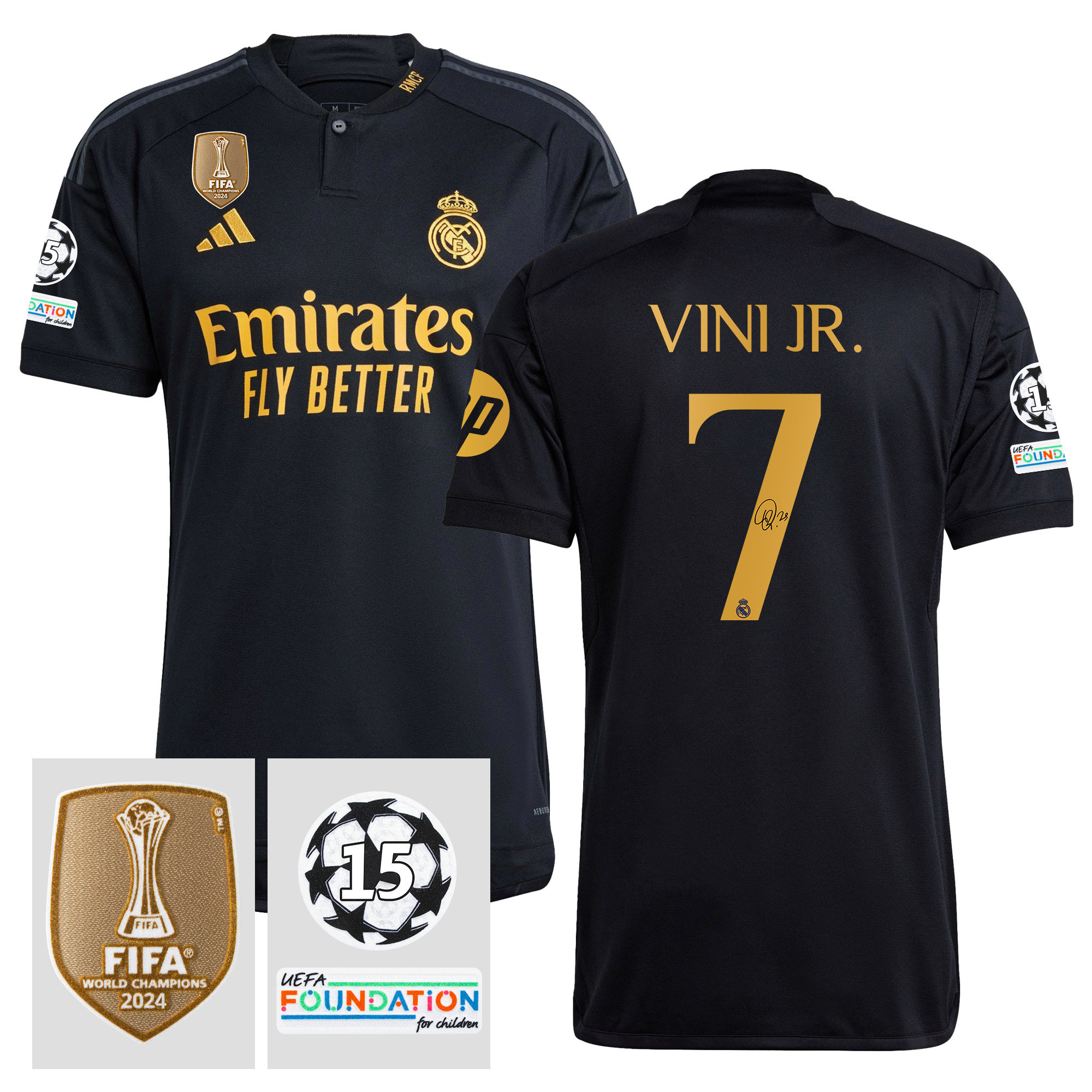 Vinicius Junior 7 Signed Starball 15 Times Champions Real Madrid 2023/24 UEFA Patch Third Jersey Autographed – Men