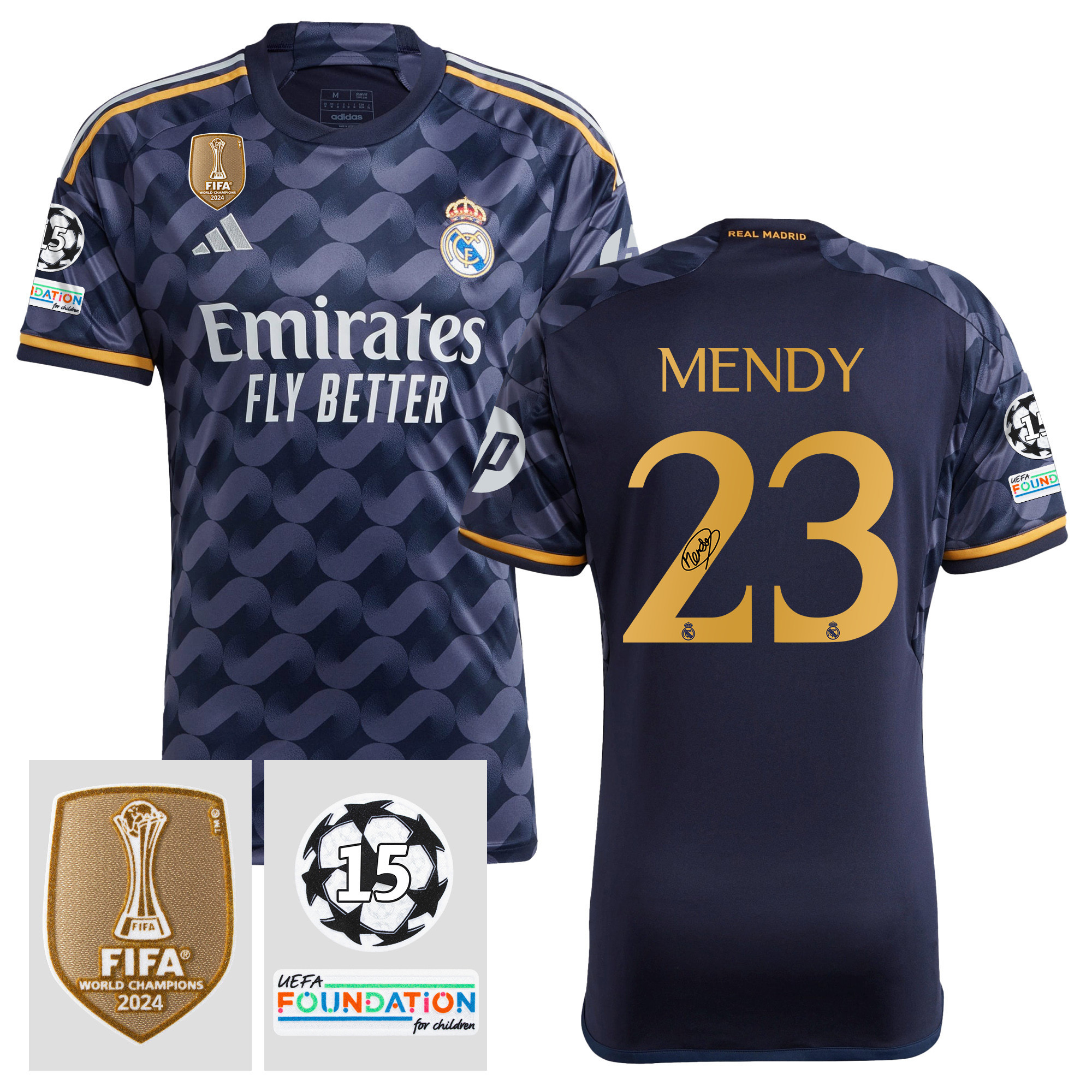Ferland Mendy 23 Signed Starball 15 Times Champions Real Madrid 2023/24 UEFA Patch Away Jersey Autographed – Men