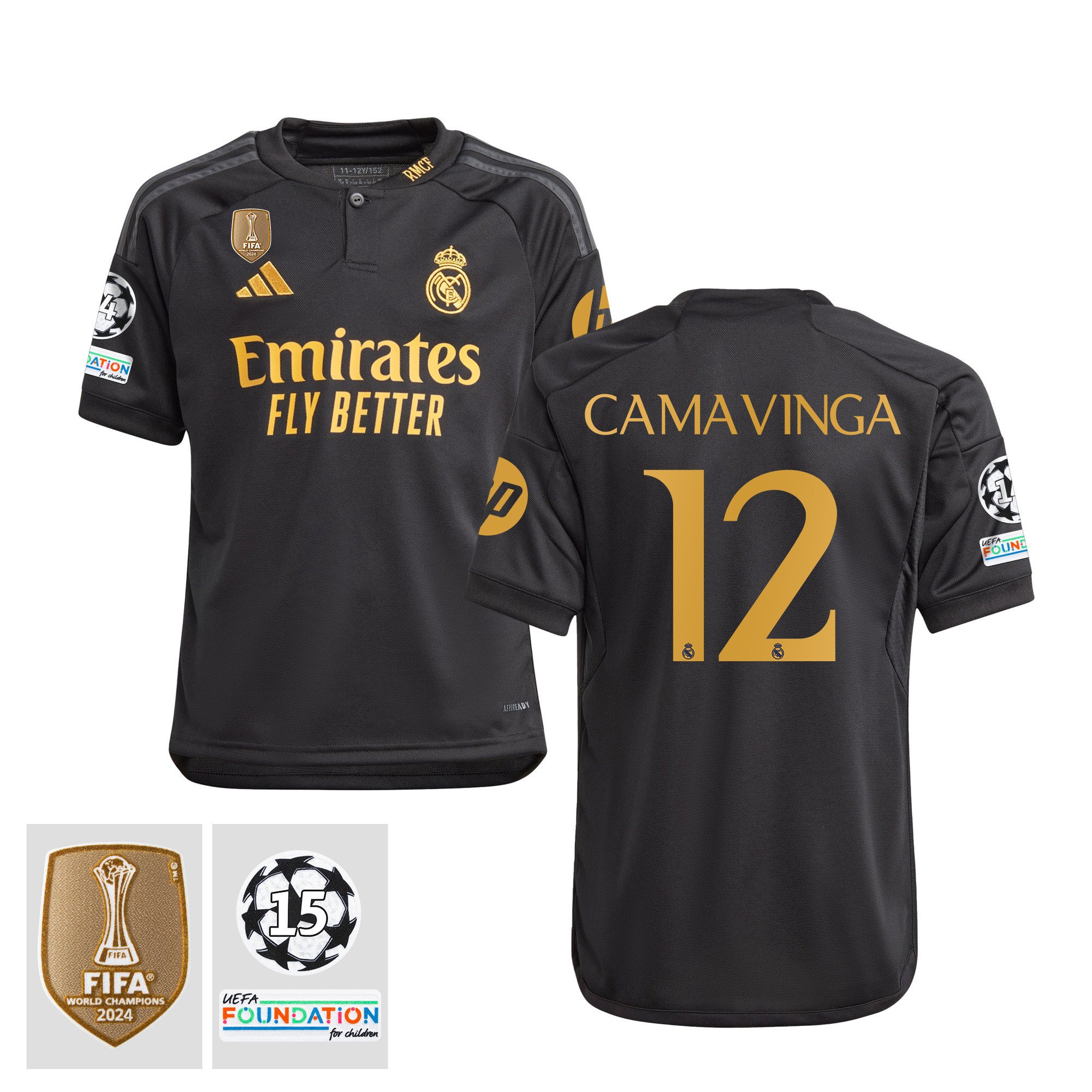Eduardo Camavinga 12 Signed Starball 15 Times Champions Real Madrid 2023/24 UEFA Patch YOUTH Third Jersey Autographed