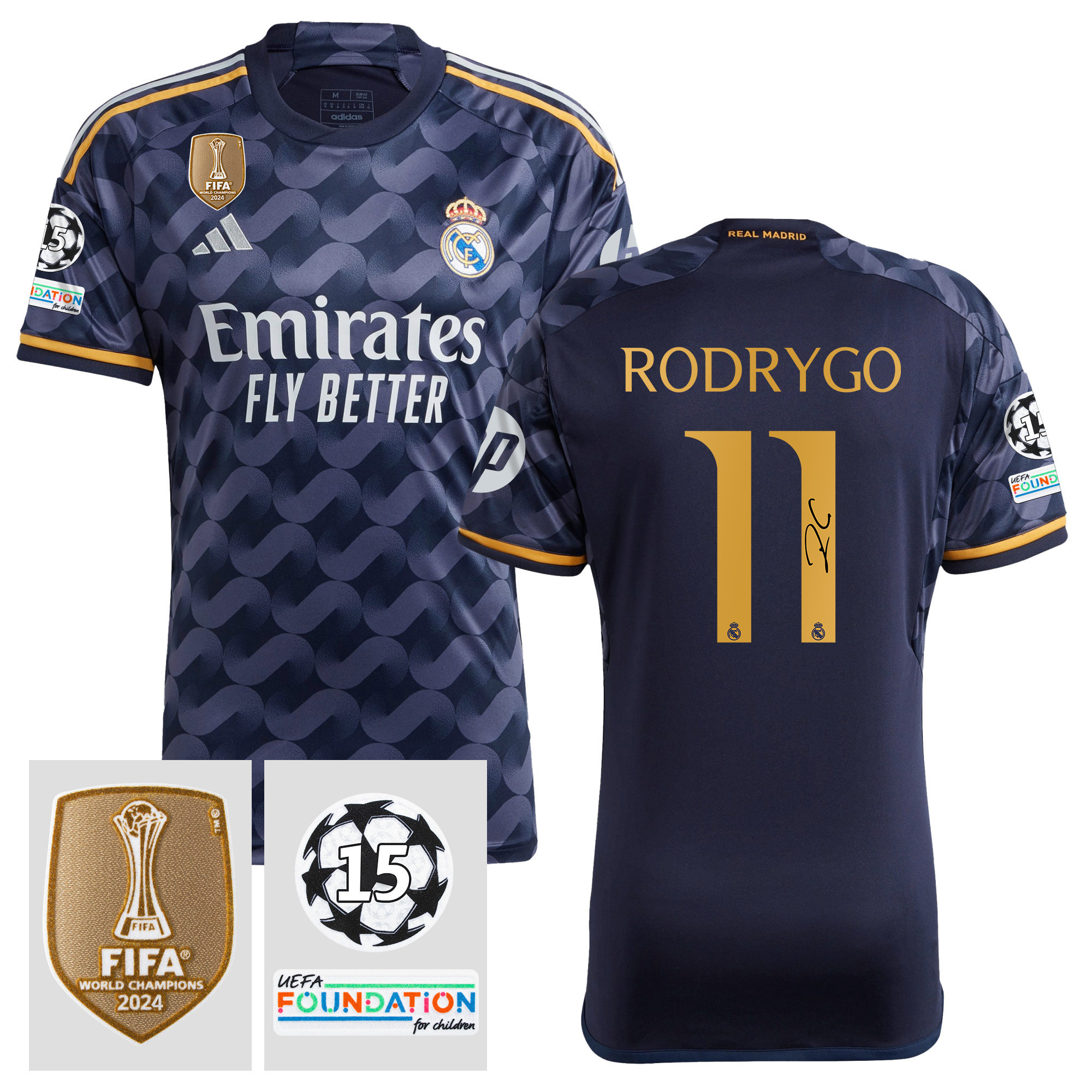 Rodrygo 11 Signed Starball 15 Times Champions Real Madrid 2023/24 UEFA Patch Away Jersey Autographed – Men