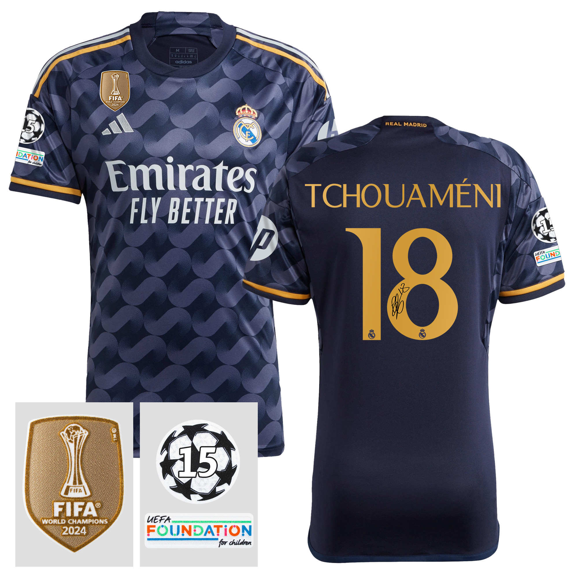 Aurlien Tchouamni 18 Signed Starball 15 Times Champions Real Madrid 2023/24 UEFA Patch Away Jersey Autographed – Men