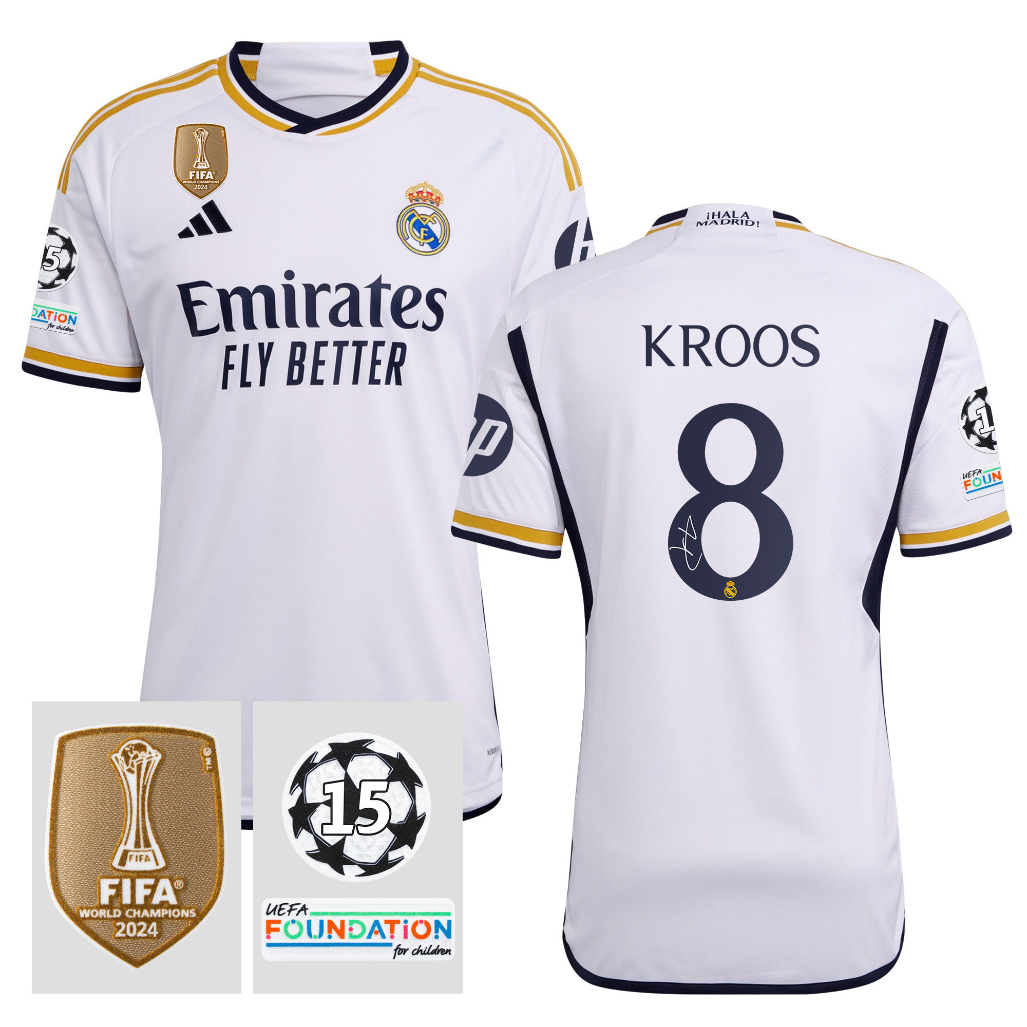 Toni Kroos 8 Signed Starball 15 Times Champions Real Madrid 2023/24 UEFA Patch Home Jersey Autographed – Men White