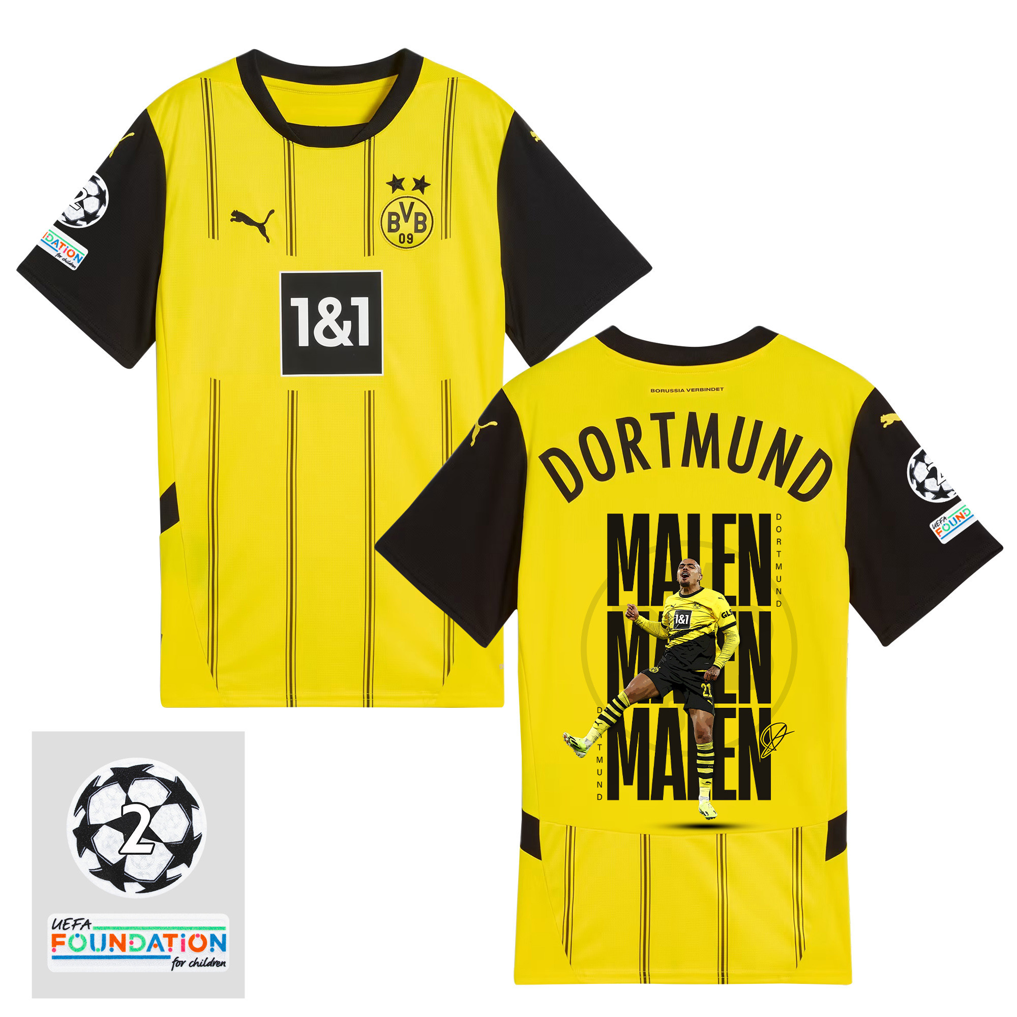Donyell Malen 21 Borussia Dortmund 2024/25 UEFA 2 Times Champions Patch Home Jersey – Graphic Idea V1