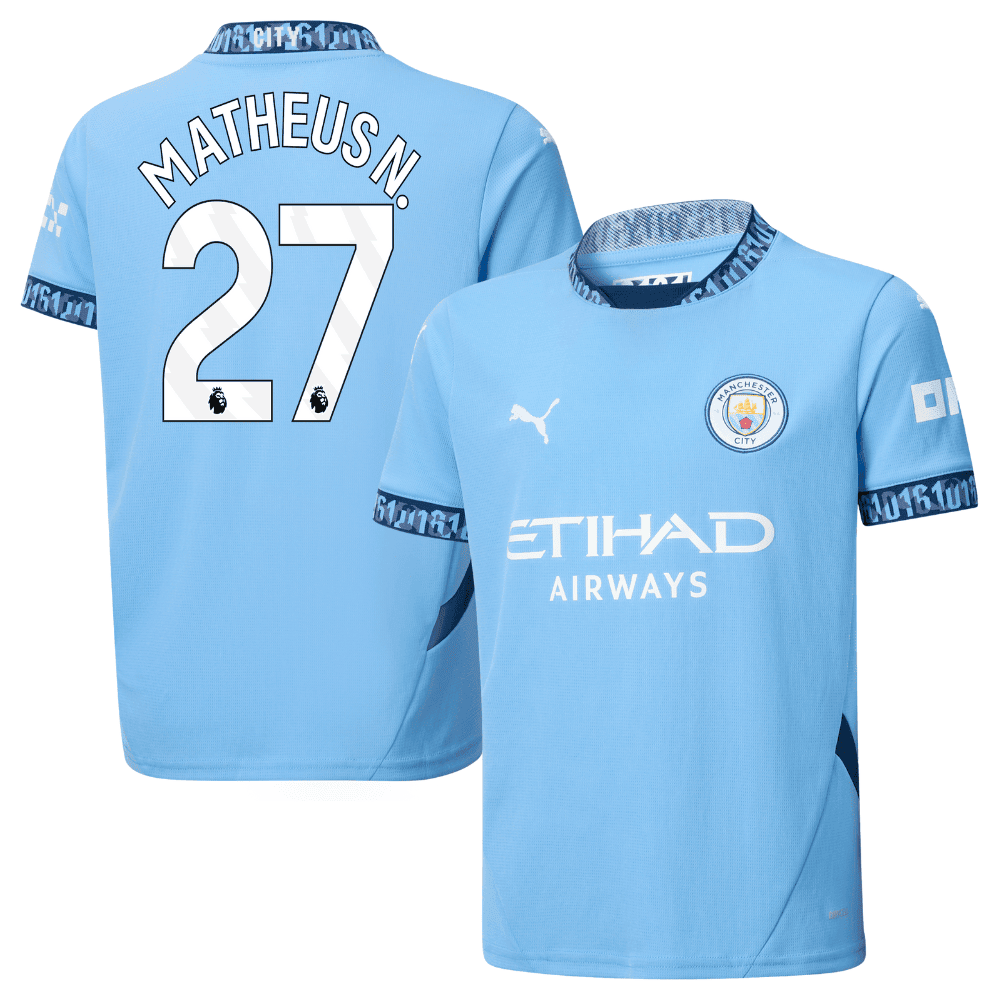 Matheus Nunes 27 Manchester City 2024/25 Home YOUTH Jersey – Light Blue