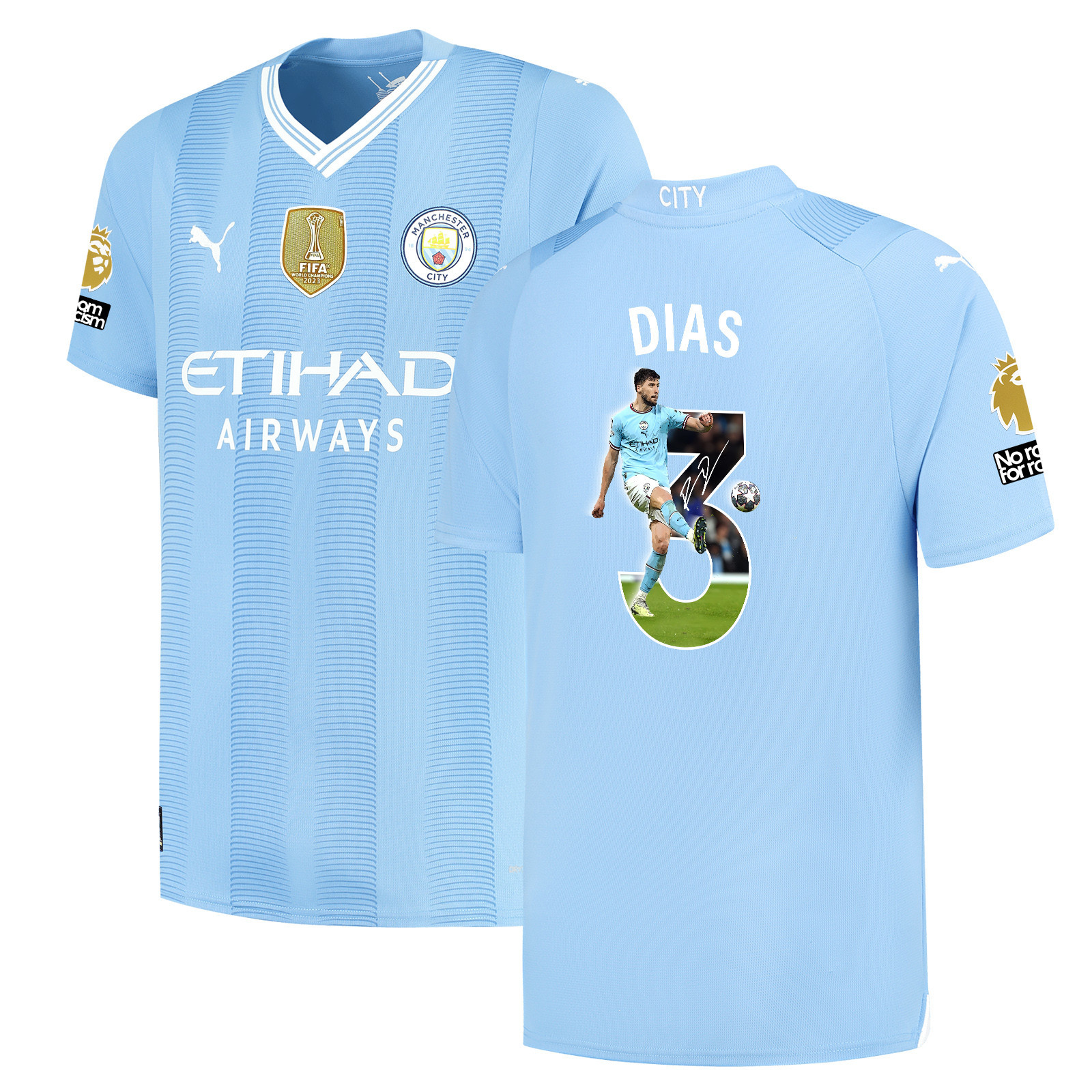 Rben Dias 3 Signed Kicking Star Manchester City 2023/24 Home Jersey Autographed – Light Blue