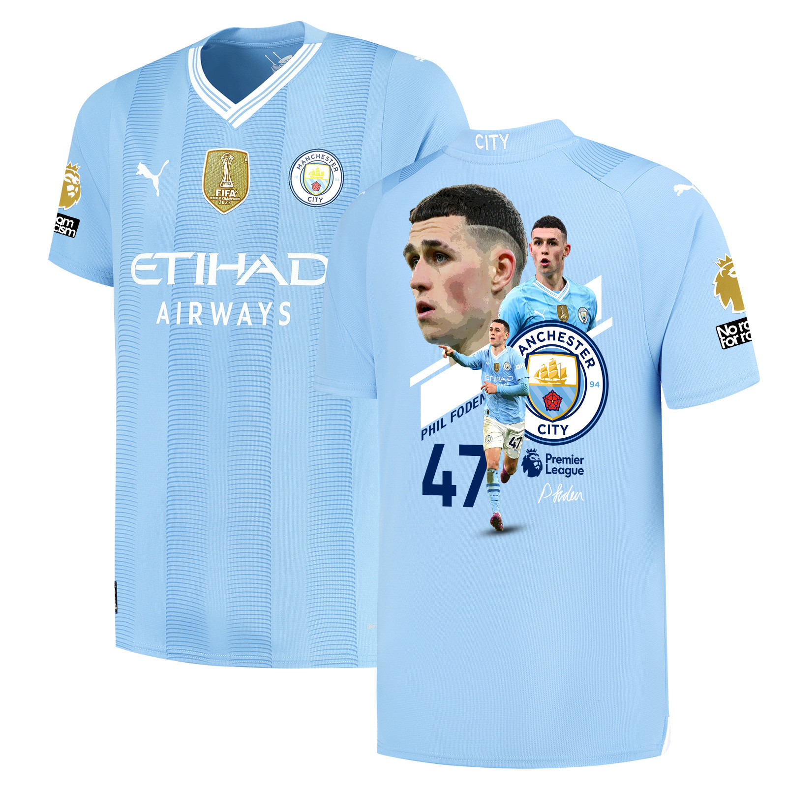 Phil Foden 47 Signed Collage Art Manchester City 2023/24 Home Jersey Autographed – Light Blue