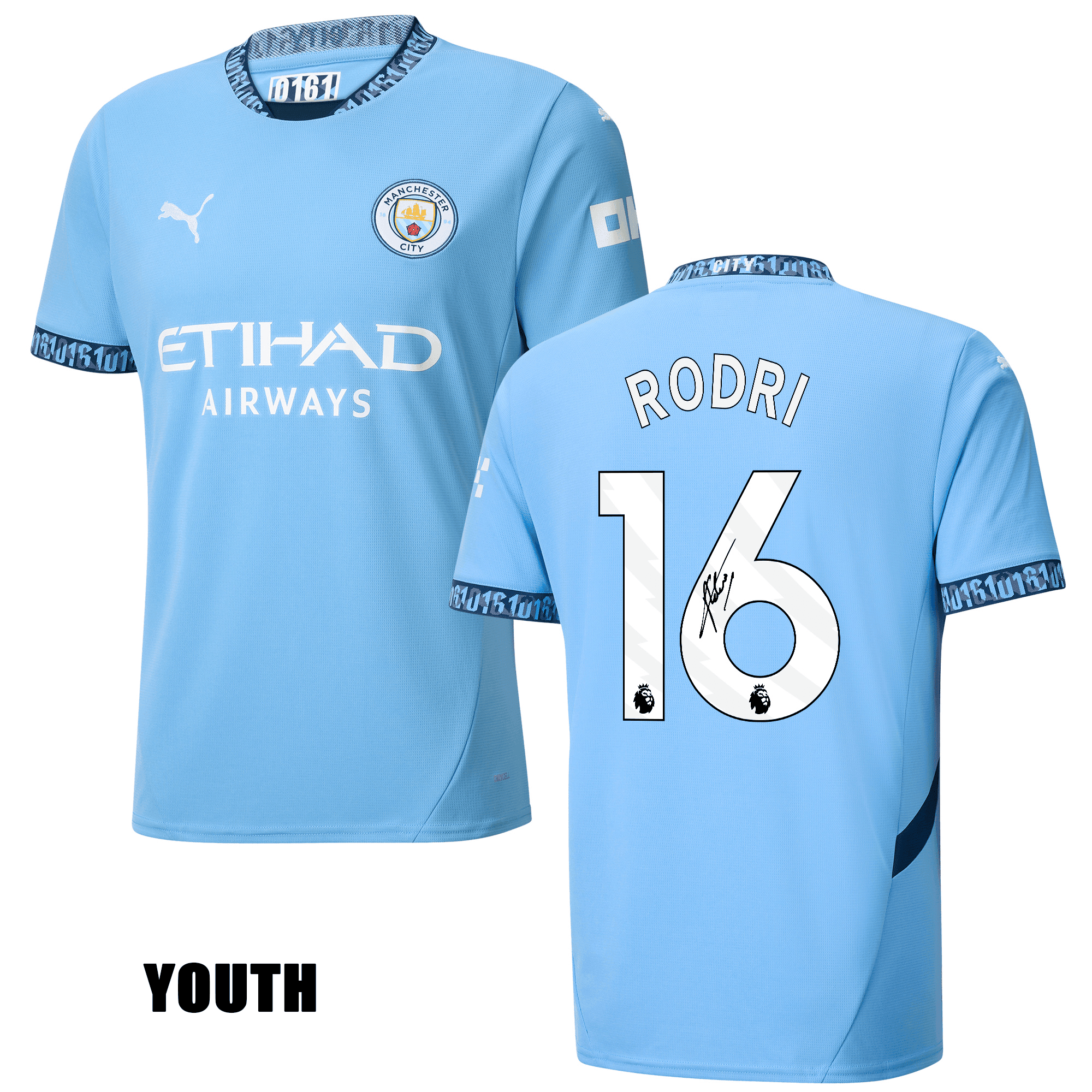 Rodri 16 Signed Manchester City 2024/25 YOUTH Home Jersey Autographed – Light Blue