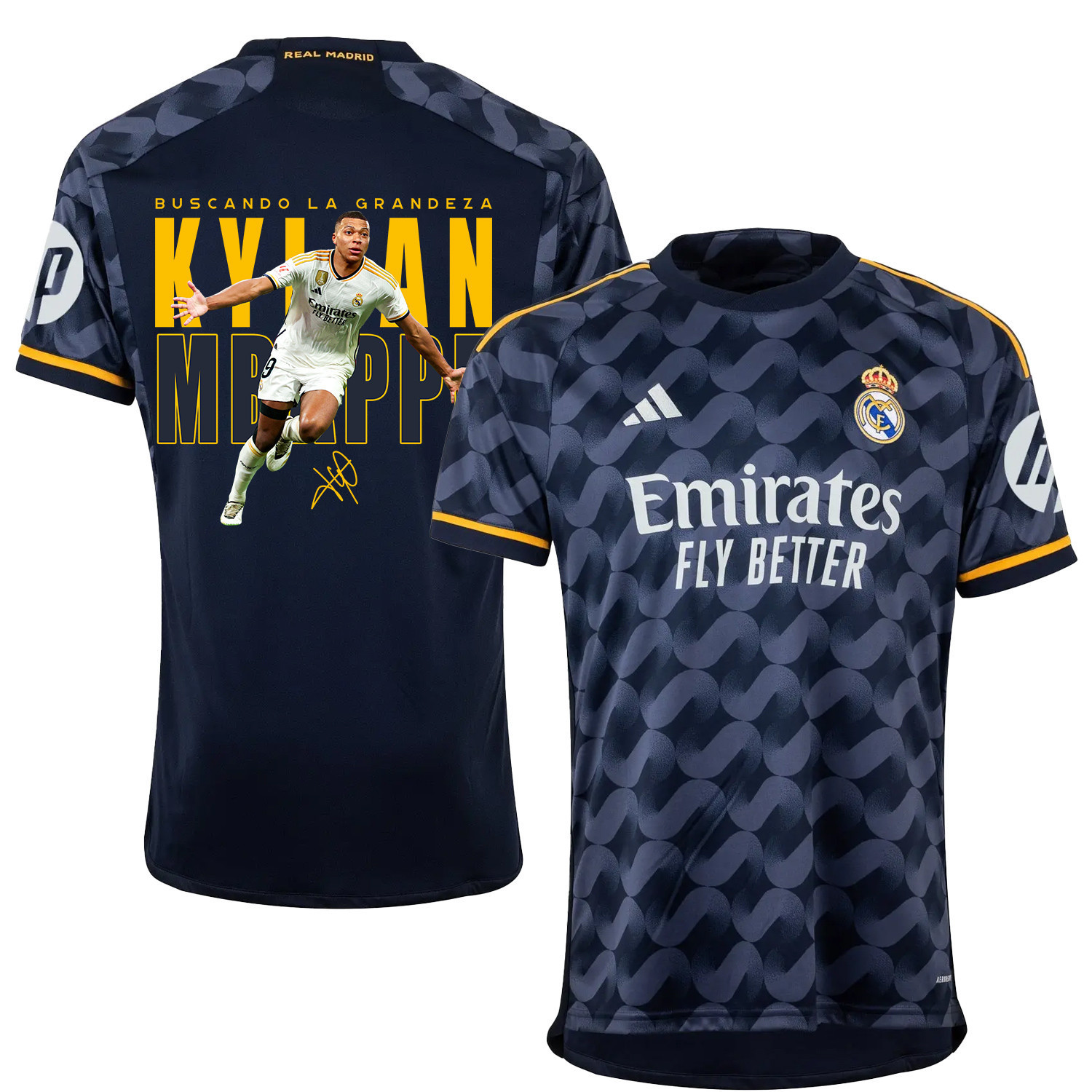 Kylian Mbapp 9 Real Madrid Navy Blue Away Jersey Seeking Greatness – Signed Design