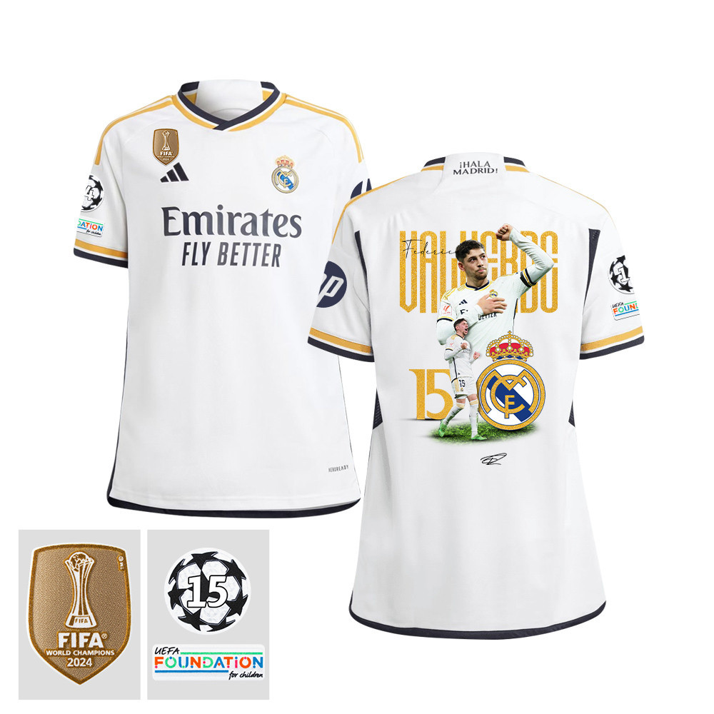 Federico Valverde 15 Starball 15 Times Champions Real Madrid 2023/24 UEFA Patch- Home YOUTH Jersey