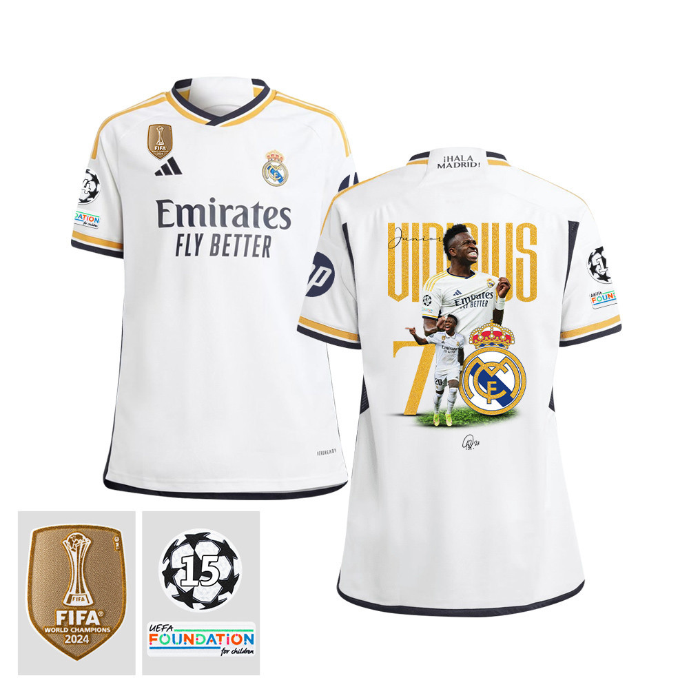 Vinicius Junior 7 Starball 15 Times Champions Real Madrid 2023/24 UEFA Patch- Home YOUTH Jersey