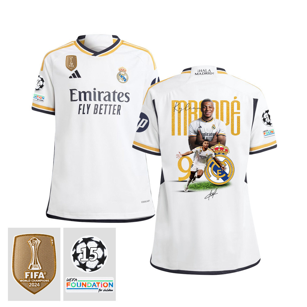 Kylian Mbapp 9 Starball 15 Times Champions Real Madrid 2023/24 UEFA Patch- Home YOUTH Jersey