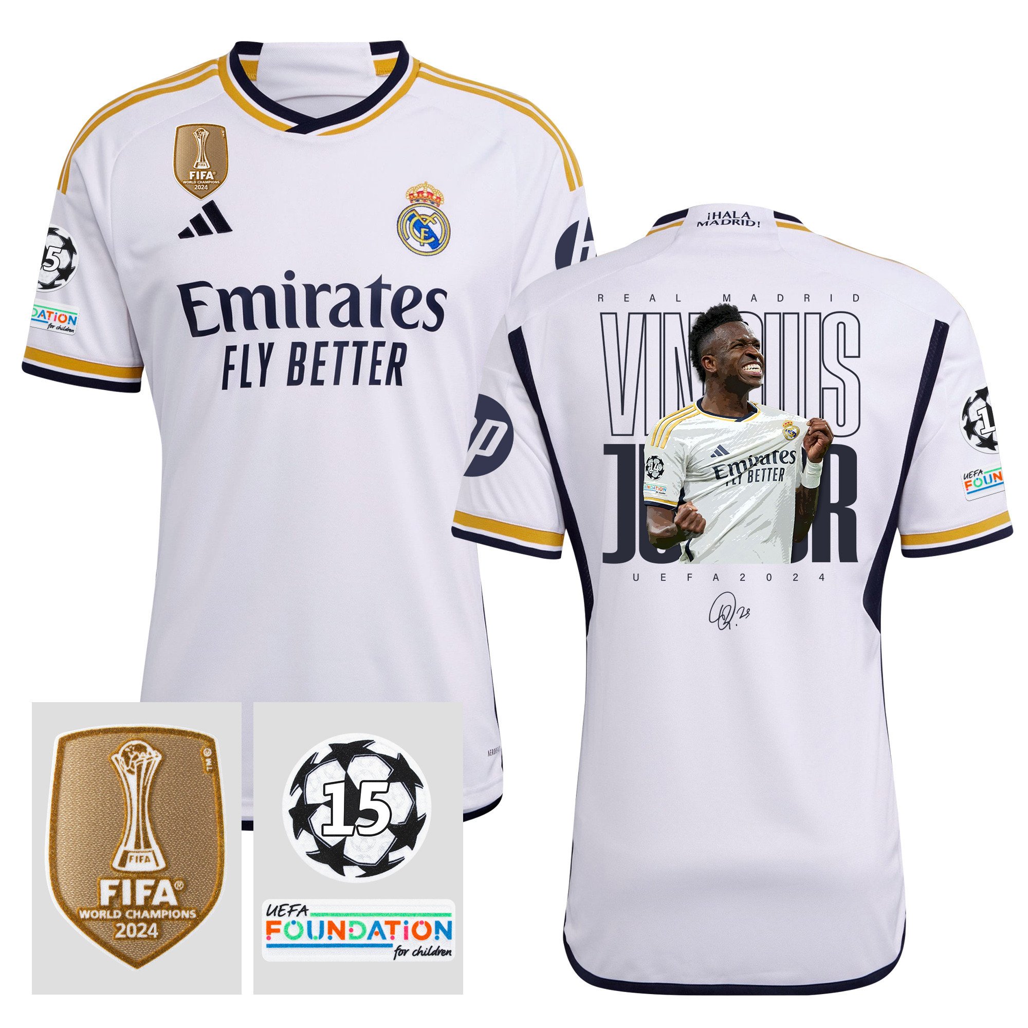 Vinicius Junior 7 Starball 15 Times Champions Real Madrid 2023/24 UEFA Patch Men Home Jersey – Winner's Icon Idea