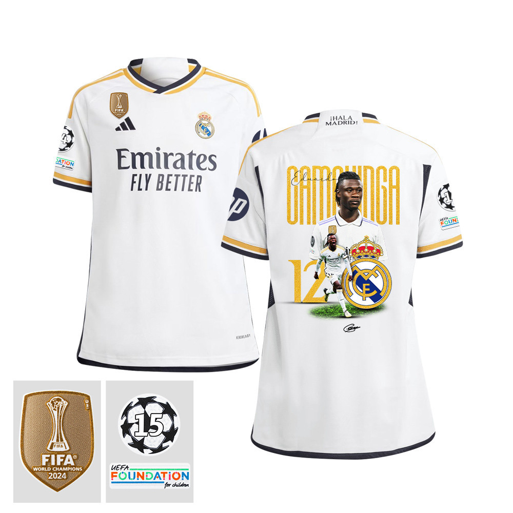 Eduardo Camavinga 12 Starball 15 Times Champions Real Madrid 2023/24 UEFA Patch- Home YOUTH Jersey