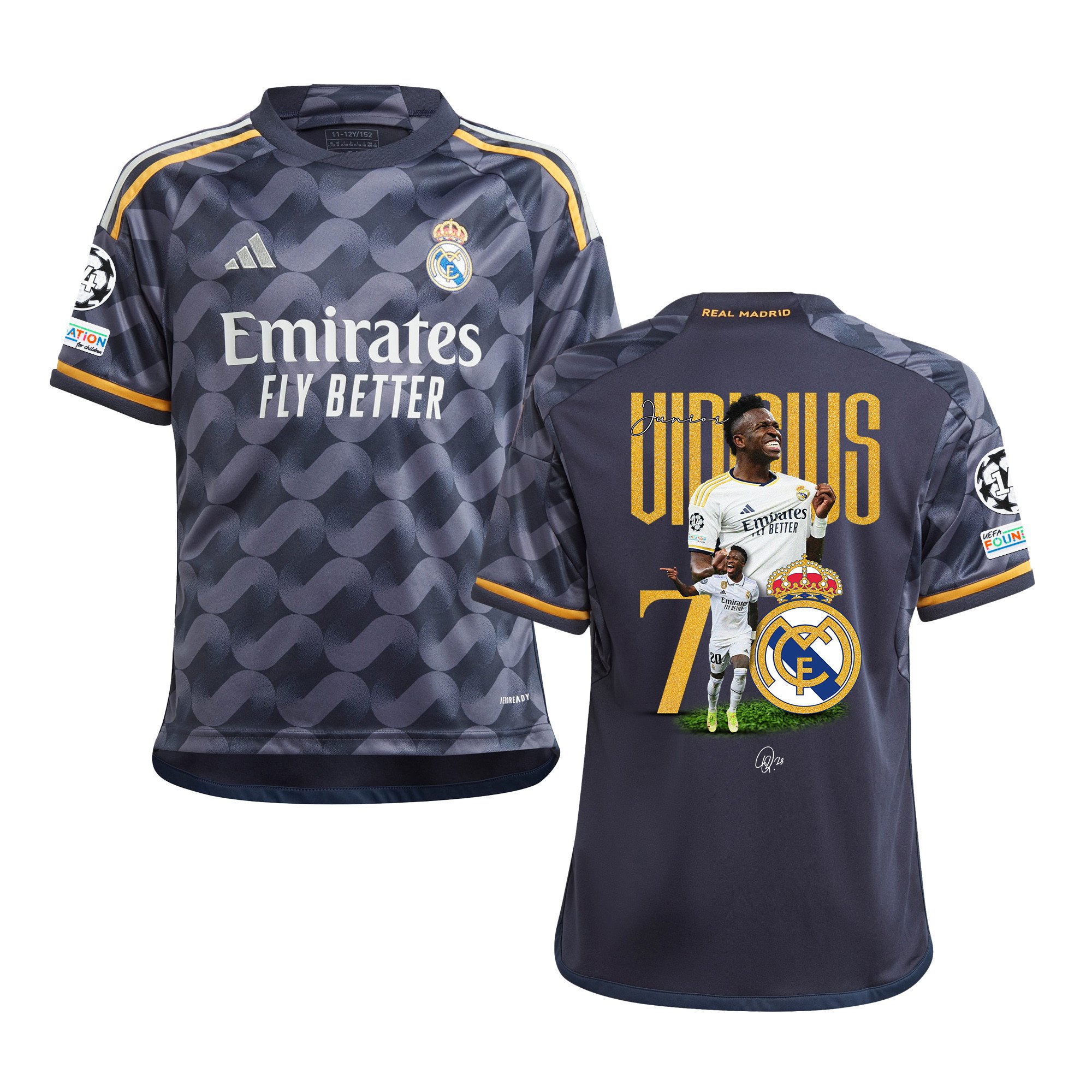 Vinicius Junior 7 Real Madrid 2023/24 UEFA 14 Times Champions Patch Away YOUTH Jersey – UEFA Patch