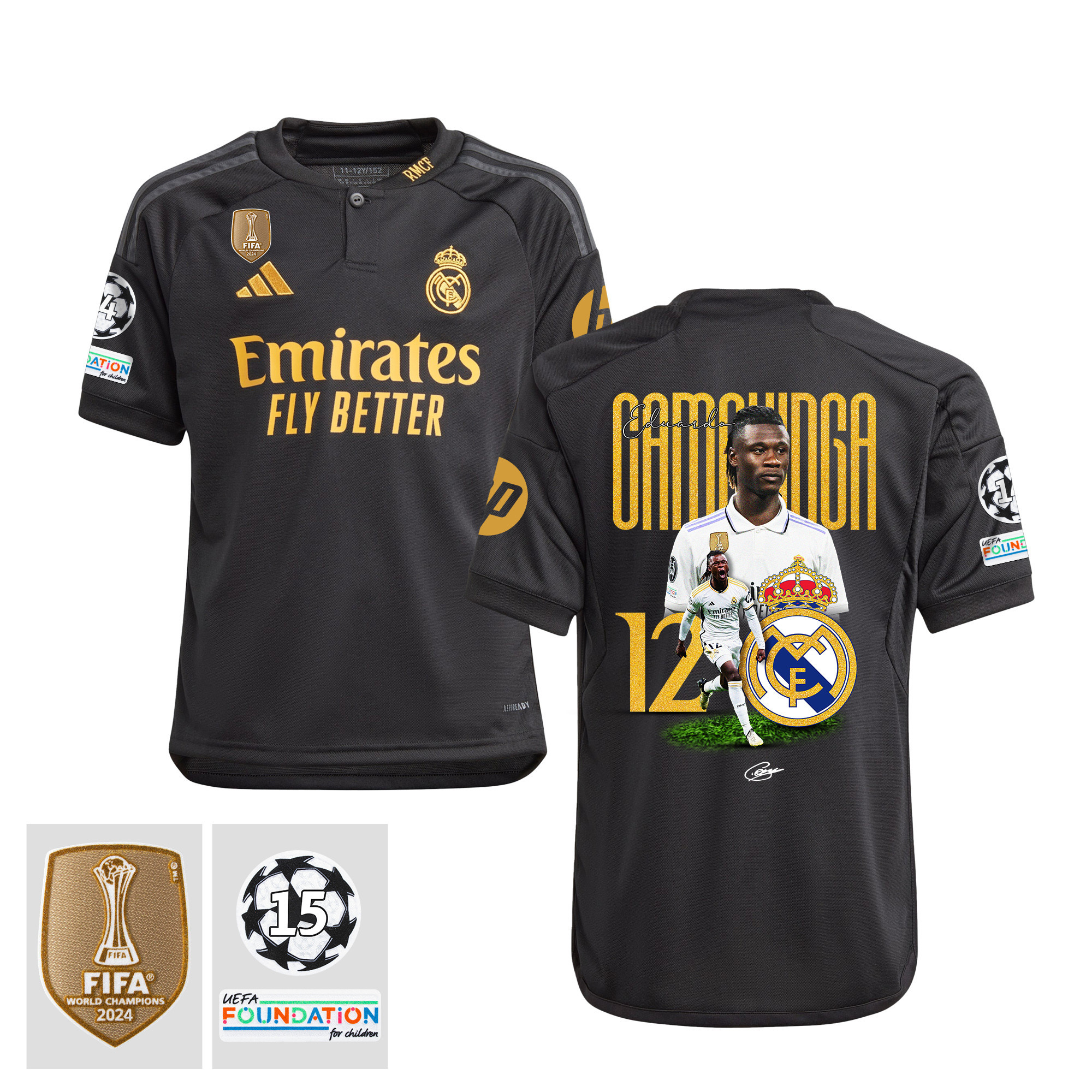 Eduardo Camavinga 12 Starball 15 Times Champions Real Madrid 2023/24 UEFA Patch- Third YOUTH Jersey