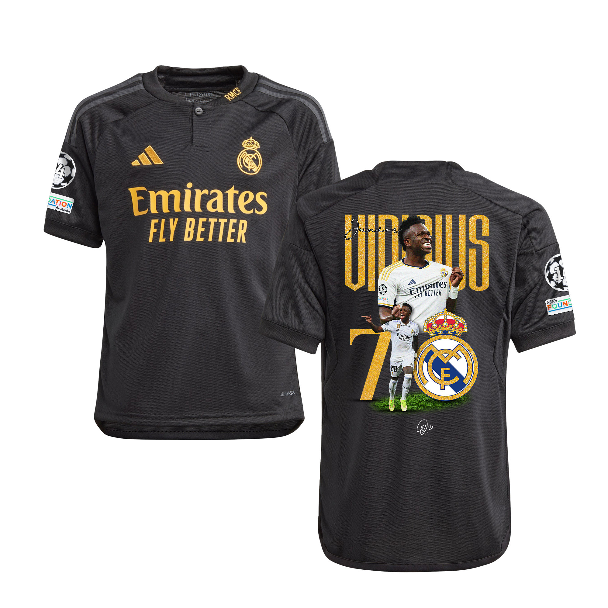 Vinicius Junior 7 Real Madrid 2023/24 UEFA 14 Times Champions Patch Third YOUTH Jersey – UEFA Patch