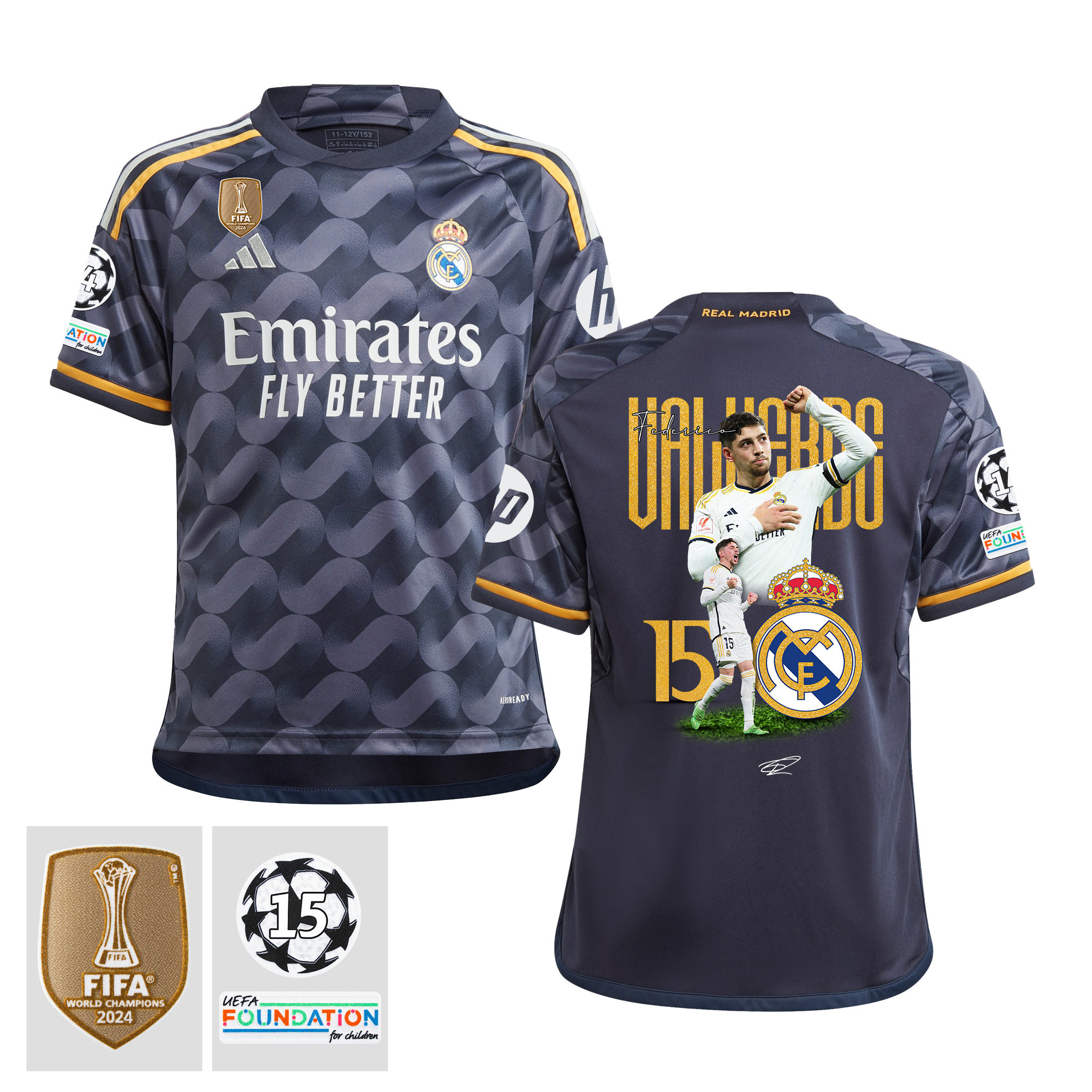 Federico Valverde 15 Starball 15 Times Champions Real Madrid 2023/24 UEFA Patch- Away YOUTH Jersey