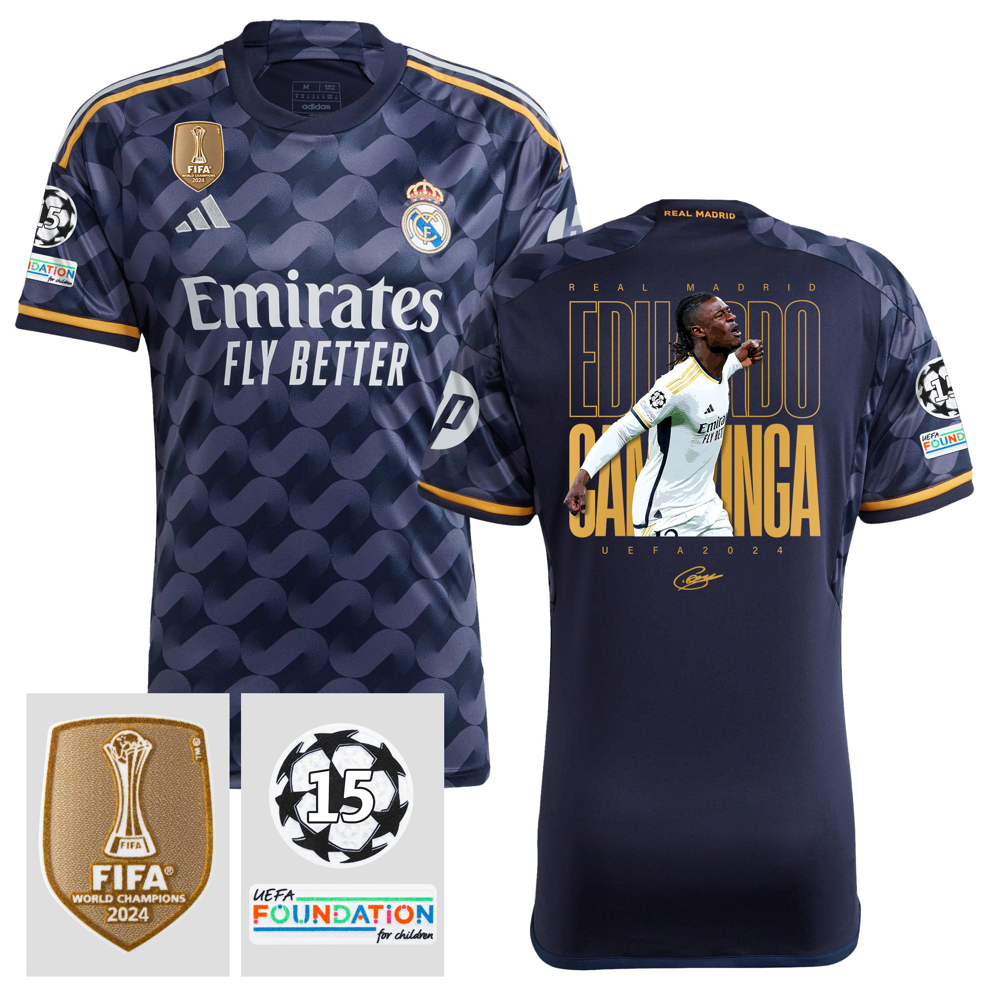 Eduardo Camavinga 12 Starball 15 Times Champions Real Madrid 2023/24 UEFA Patch Men Away Jersey – Winner's Icon Idea
