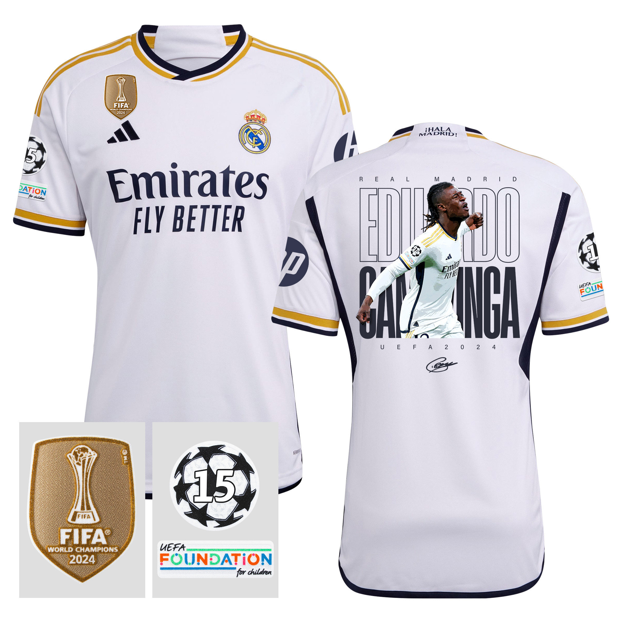 Eduardo Camavinga 12 Starball 15 Times Champions Real Madrid 2023/24 UEFA Patch Men Home Jersey – Winner's Icon Idea