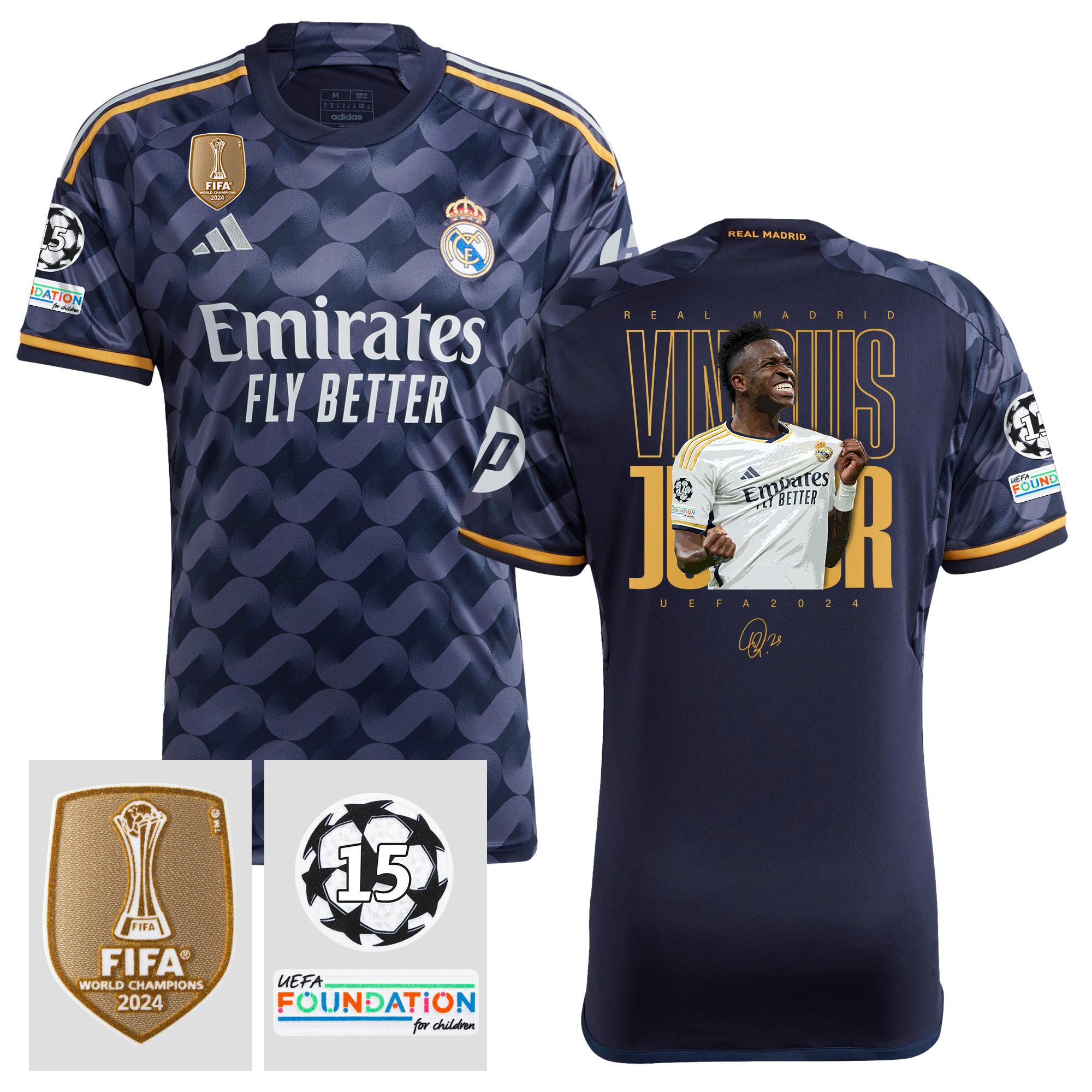 Vinicius Junior 7 Starball 15 Times Champions Real Madrid 2023/24 UEFA Patch Men Away Jersey – Winner's Icon Idea