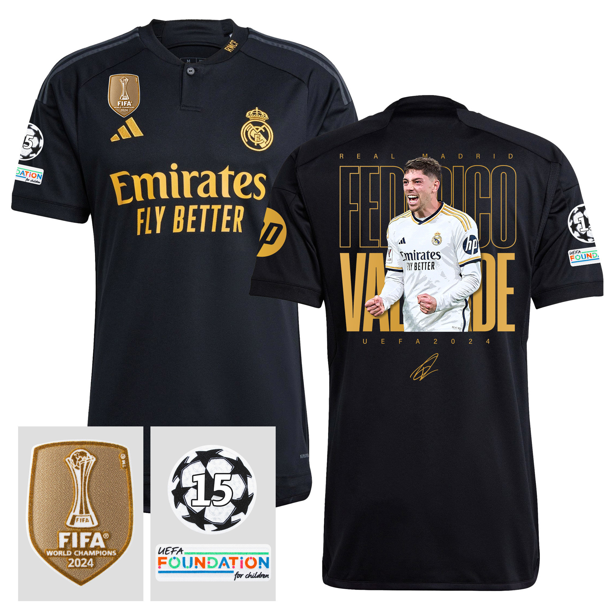 Federico Valverde 15 Starball 15 Times Champions Real Madrid 2023/24 UEFA Patch Men Third Jersey – Winner's Icon Idea