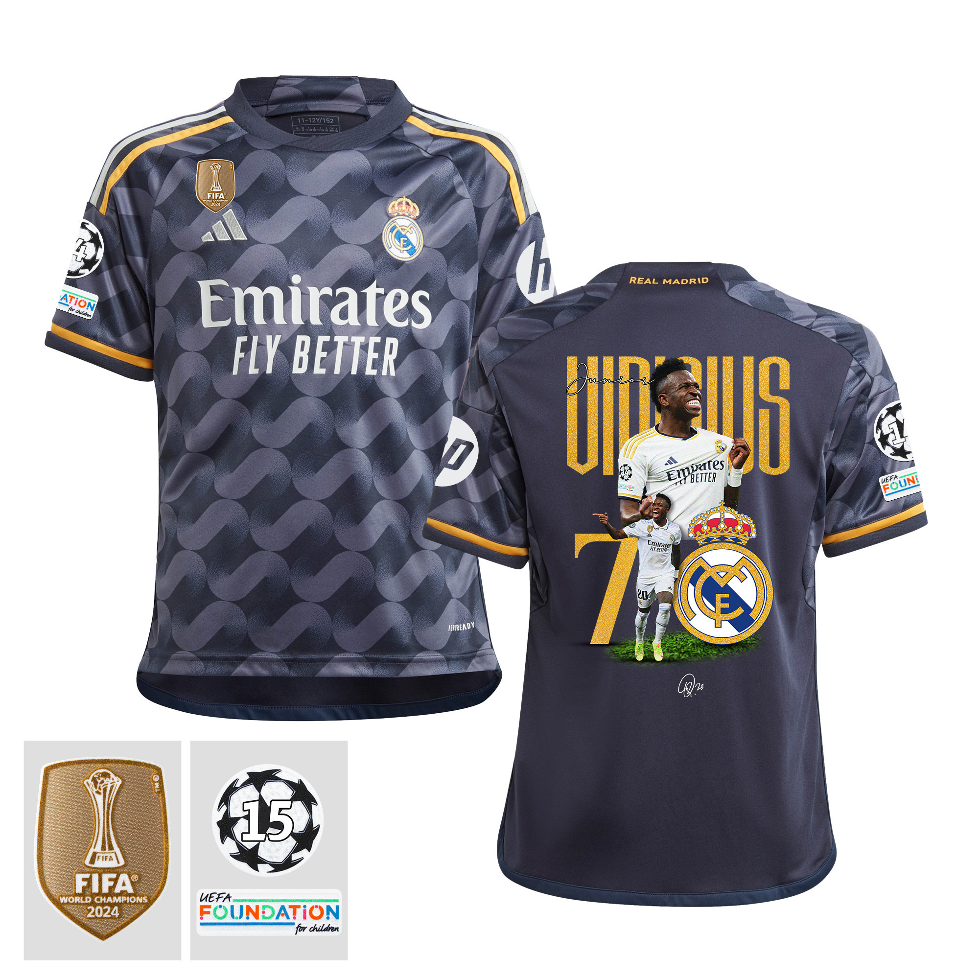 Vinicius Junior 7 Starball 15 Times Champions Real Madrid 2023/24 UEFA Patch- Away YOUTH Jersey