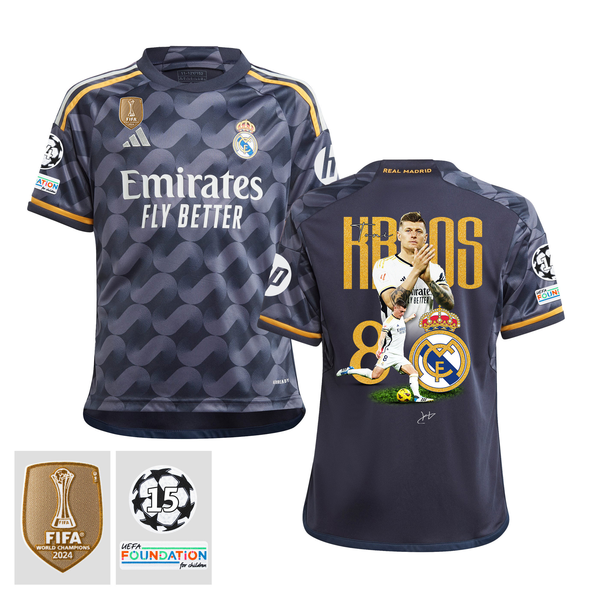 Toni Kroos 8 Starball 15 Times Champions Real Madrid 2023/24 UEFA Patch- Away YOUTH Jersey