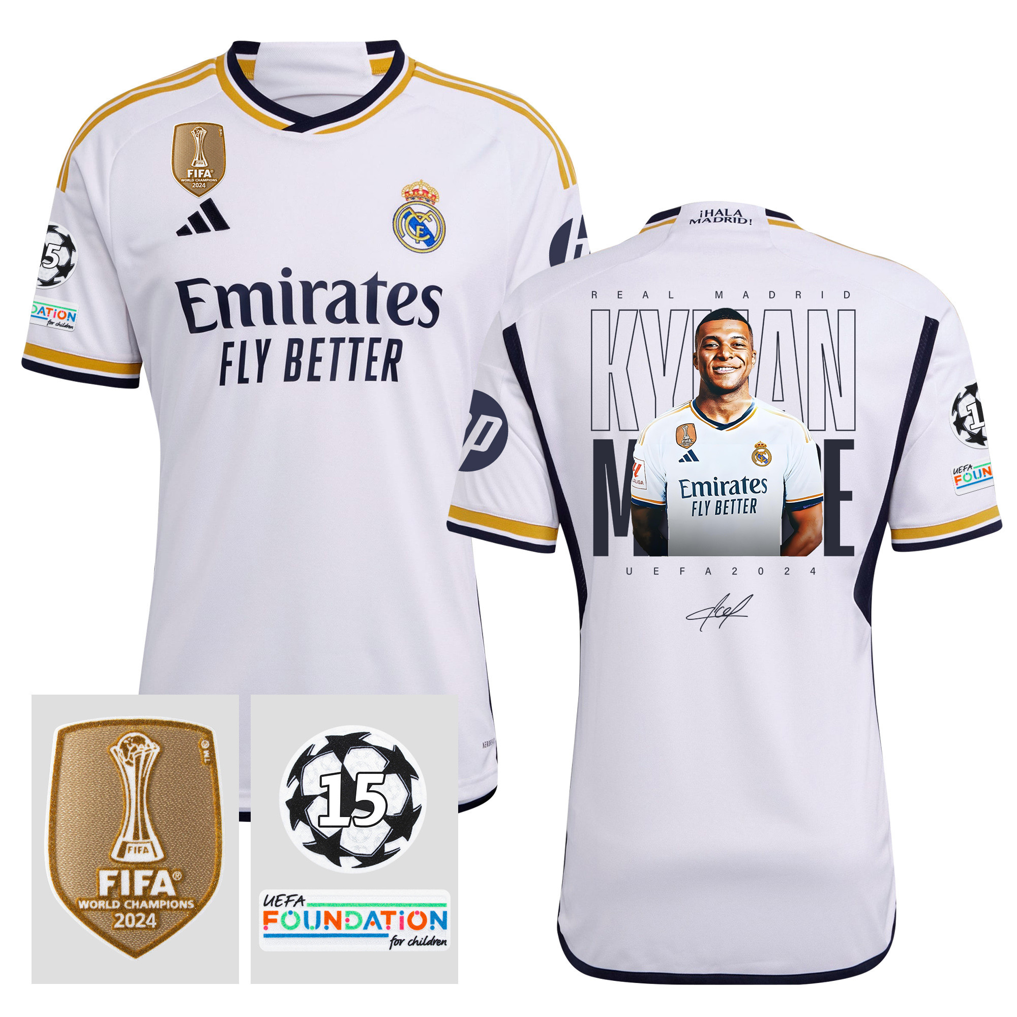 Kylian Mbapp Signed Real Madrid 2023/24 Starball 15 Times Champions Patch Men Home Jersey
