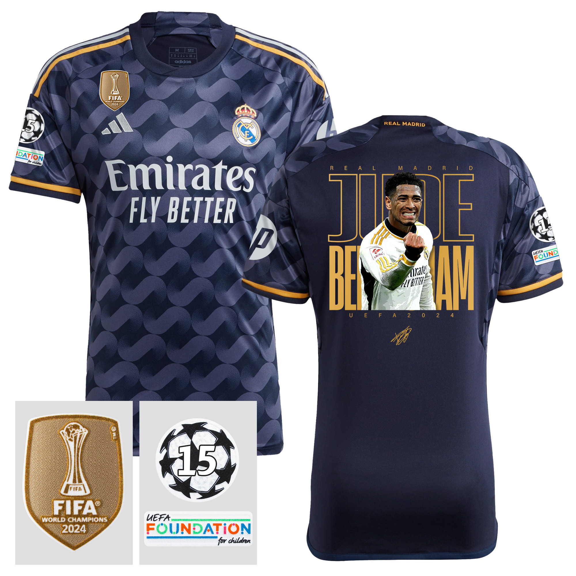 Jude Bellingham 5 Starball 15 Times Champions Real Madrid 2023/24 UEFA Patch Men Away Jersey – Winner's Icon Idea