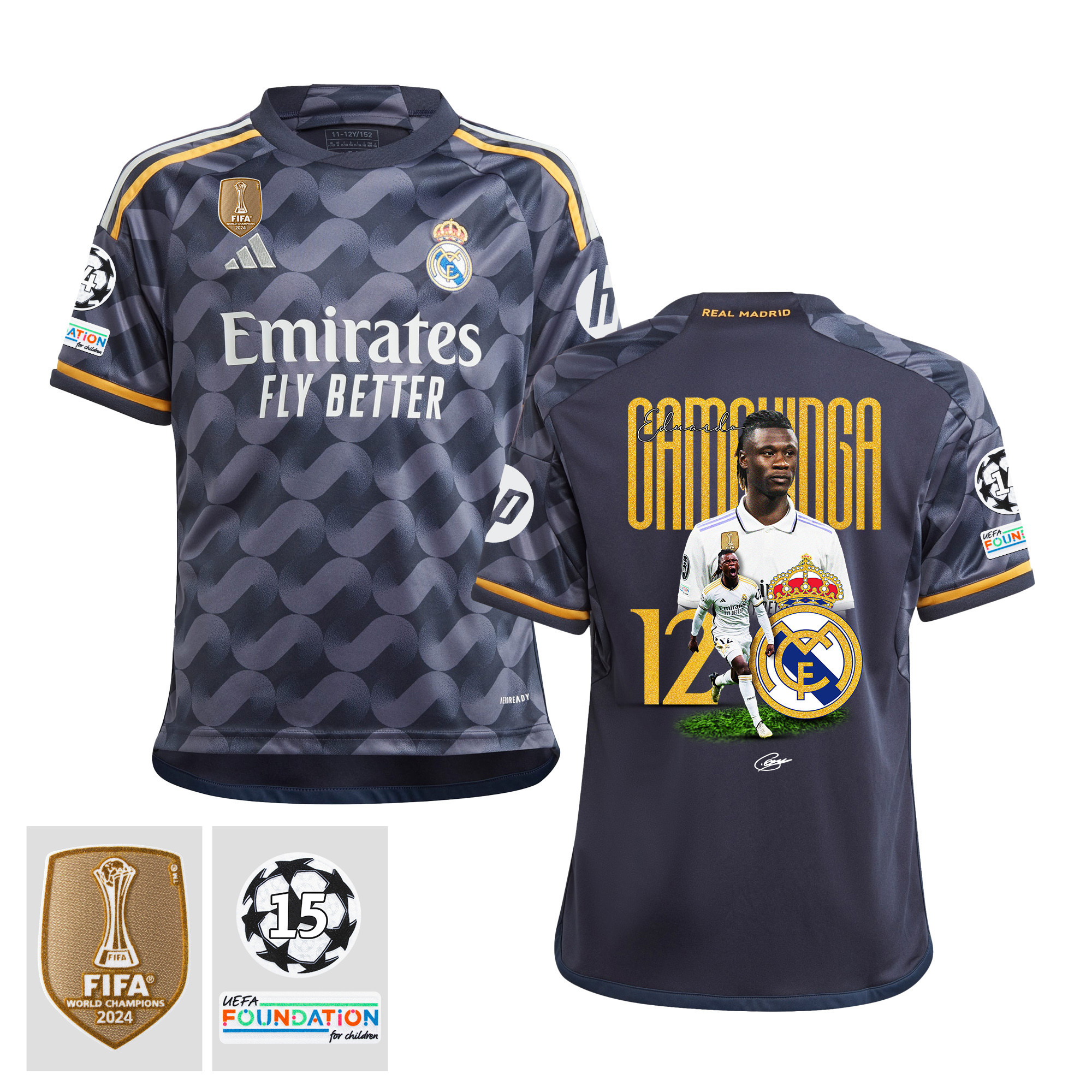 Eduardo Camavinga 12 Starball 15 Times Champions Real Madrid 2023/24 UEFA Patch- Away YOUTH Jersey