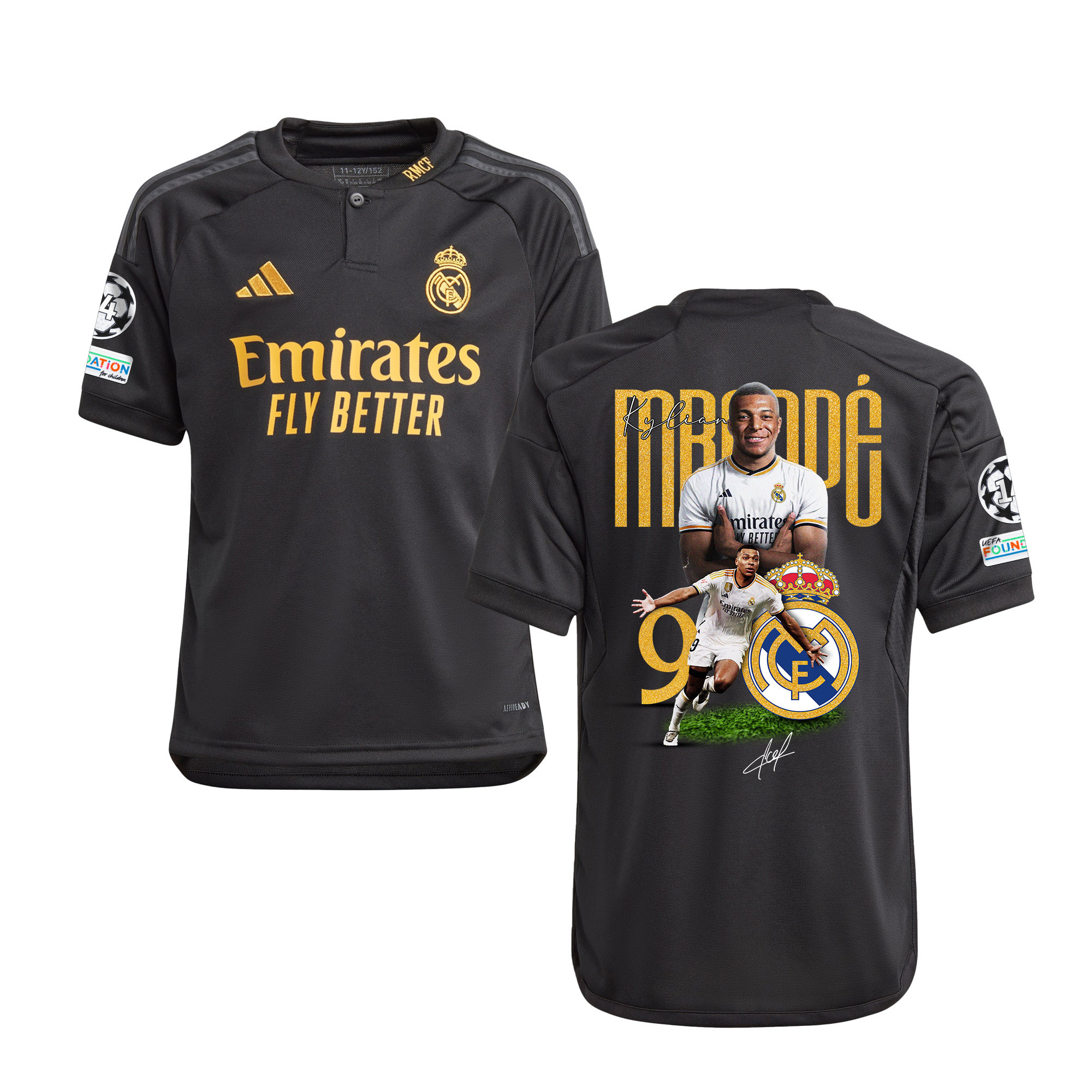 Kylian Mbappe 9 Real Madrid 2023/24 UEFA 14 Times Champions Patch Third YOUTH Jersey – UEFA Patch